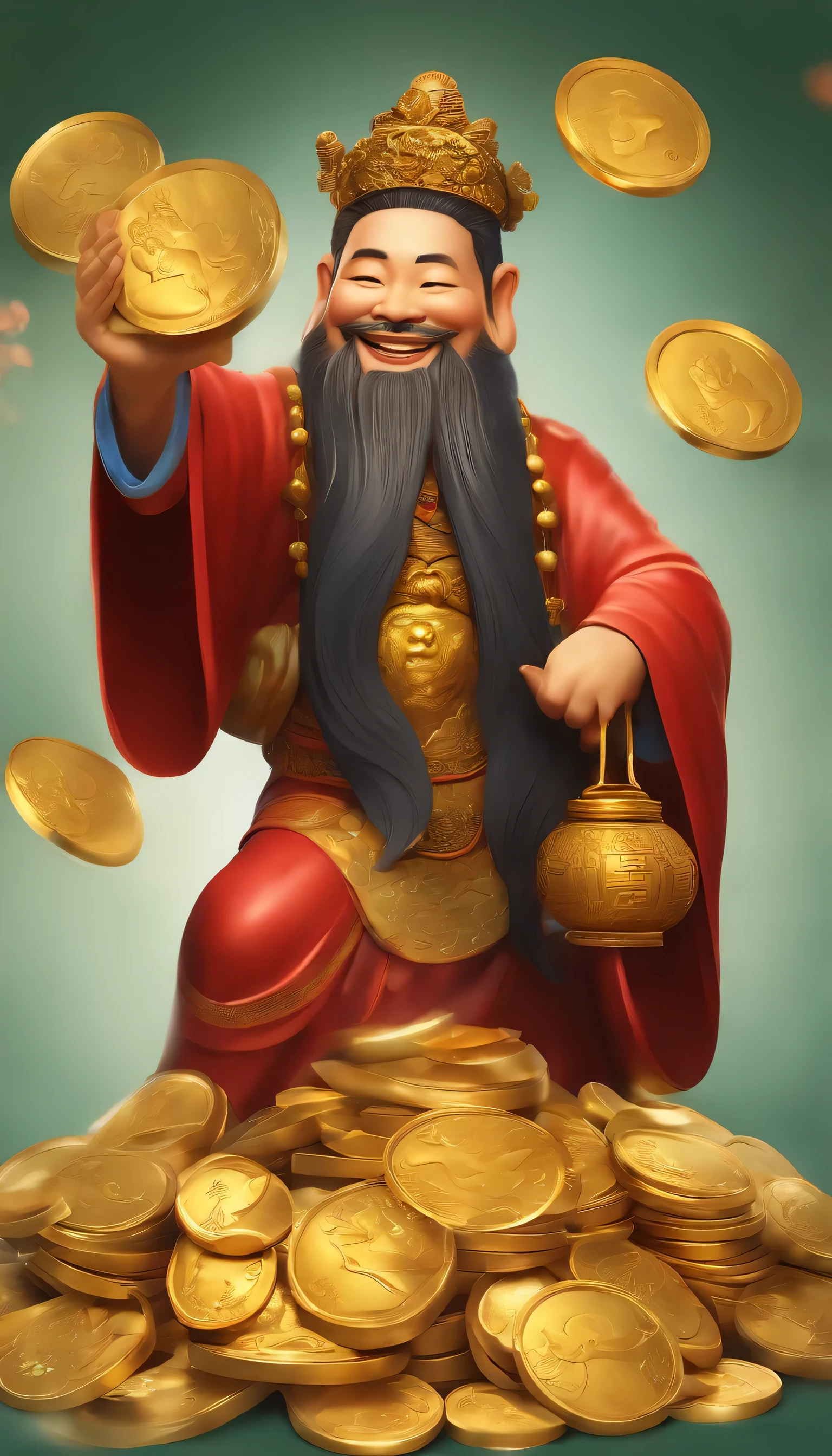 smile charity,Chinese God of Wealth holding a pile of gold coins