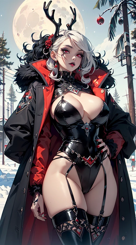 gothic reindeer girl,(((1girl))),((extremely cute and beautiful black haired anime gothic reindeer girl)),

(((anthro furry:1.2), Playboy_Reindeer, reindeer_antlers,(huge antlers:1.2),)),(large breasts:1.4),saggy breasts,((((black curly hair:1.35,medium hair,colored inner hair,ear breathing)))),(((red eyes:1.3))),intricate eyes,beautiful detailed eyes,symmetrical eyes,big eyes:1.5,((fat)),(((lustrous skin:1.5,bright skin: 1.5,skin tanned,shiny skin,very shiny skin,shiny body,plastic glitter skin,exaggerated shiny skin,illuminated skin))),(spider lower abdomen,narrow waist,wide hip,athletic body,inflated legs,delicate detailed fingers,detailed body,detailed arms,human hands,(detailed face)),

cute,slutty,seductive,erotic,(((nsfw))),

zettai ryouiki,revealing clothing,show skin,(((Sexy goth fur coat, goth fur coat outfit, wearing a goth fur coat:1.3,dark red winter coat))),((red goth mini-skirt,red goth mini skirt with furry edge,visible thong straps)),(red gothic clothes,semi-naked,with little goth clothing),((((Black Eyeshadow,Thick Black Eyeliner,Long Dramatic Eyelashes,Black Lips,moon Accessories,ravens ornaments)))),((ravens on her clothes)),(((intricate outfit,intricate clothes,embroidered outfit,ornate outfit))),

(dynamic pose:1.0),embarrassed,(centered,scale to fit dimensions,Rule of thirds),

((snowy pine forest at night)), with dark stormy clouds,winter,scenery:1.25,((snow forest background)),Christmas tree,

highres,sharp focus,(ultra detailed,extremely detailed),(photorealistic artwork:1.37),(extremely detailed CG unity 8k wallpaper),(((vibrant colors,vibrant theme))),(intricate),(masterpiece),(best quality),