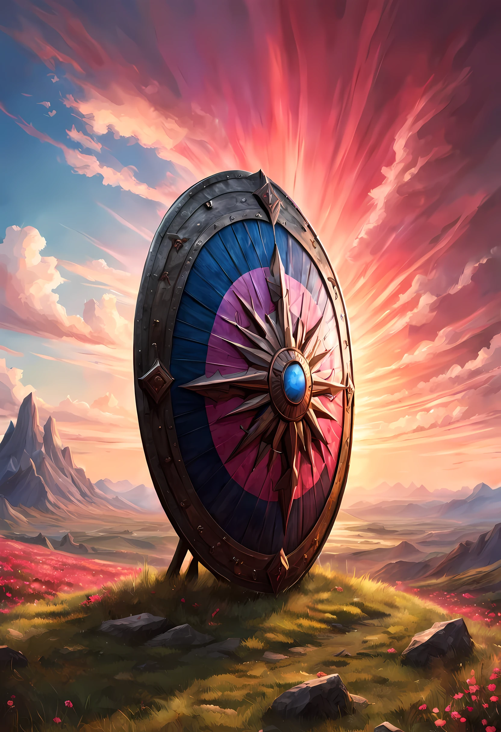 fantasy art, dnd art, RPG art, wide shot a picture of a massive shield standing on a grassy hilltop, the sun rises behind the shield, the sky is red and blue and pink, its dawn  