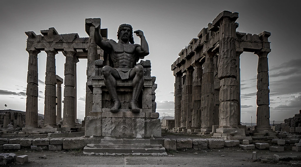 "A dark landscape image of an ancient greek society deeply connected to stoicism, black and white, ancient greek architecture, include one single big statue of a stereotypical strong greek man, marcus aurelius