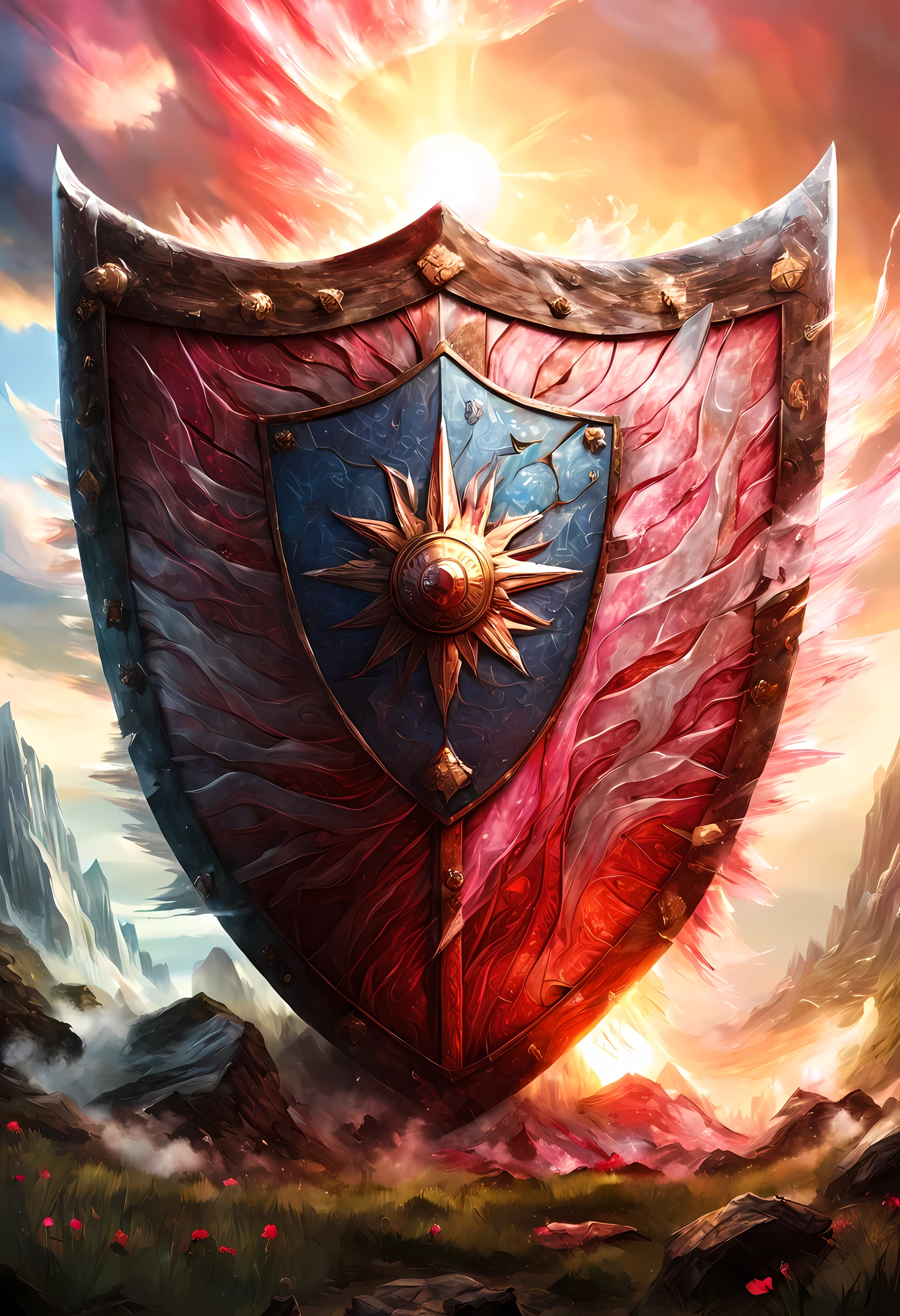 fantasy art, dnd art, RPG art, wide shot a picture of a massive shield standing on a grassy hilltop, the sun rises behind the shield, the sky is red and blue and pink, its dawn  