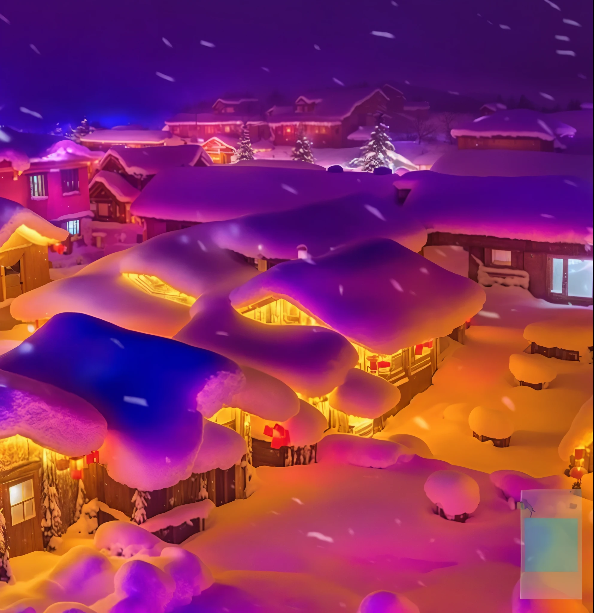 snowy night scene with a village and a snow covered roof, glowing snow, snow glow, snowy night, psychedelic ski resort, colorful glow, snowfall at night, snowy winter christmas night, dreamy chinese town, : psychedelic ski resort, winter snow, perfect lighting in a snow storm, magical village, purple roofs, snowy winter, ❤🔥🍄🌪, snow