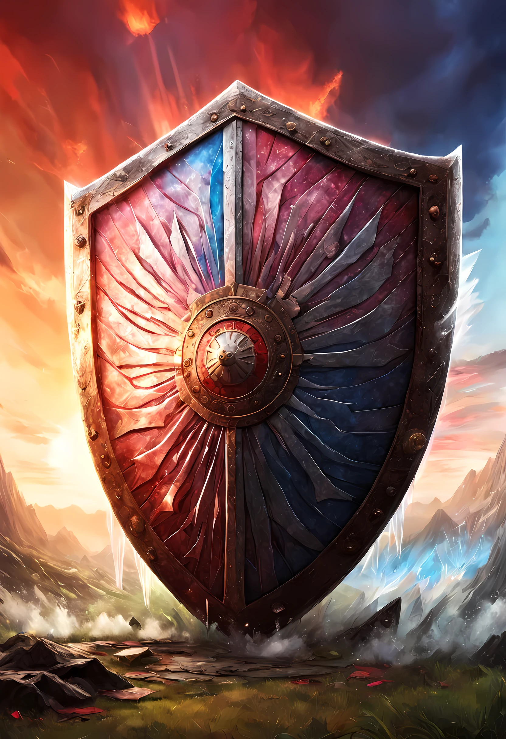 fantasy art, dnd art, RPG art, wide shot a picture of a massive shield standing on a grassy hilltop, the sun rises behind the shield, the sky is red and blue and pink, its dawn  