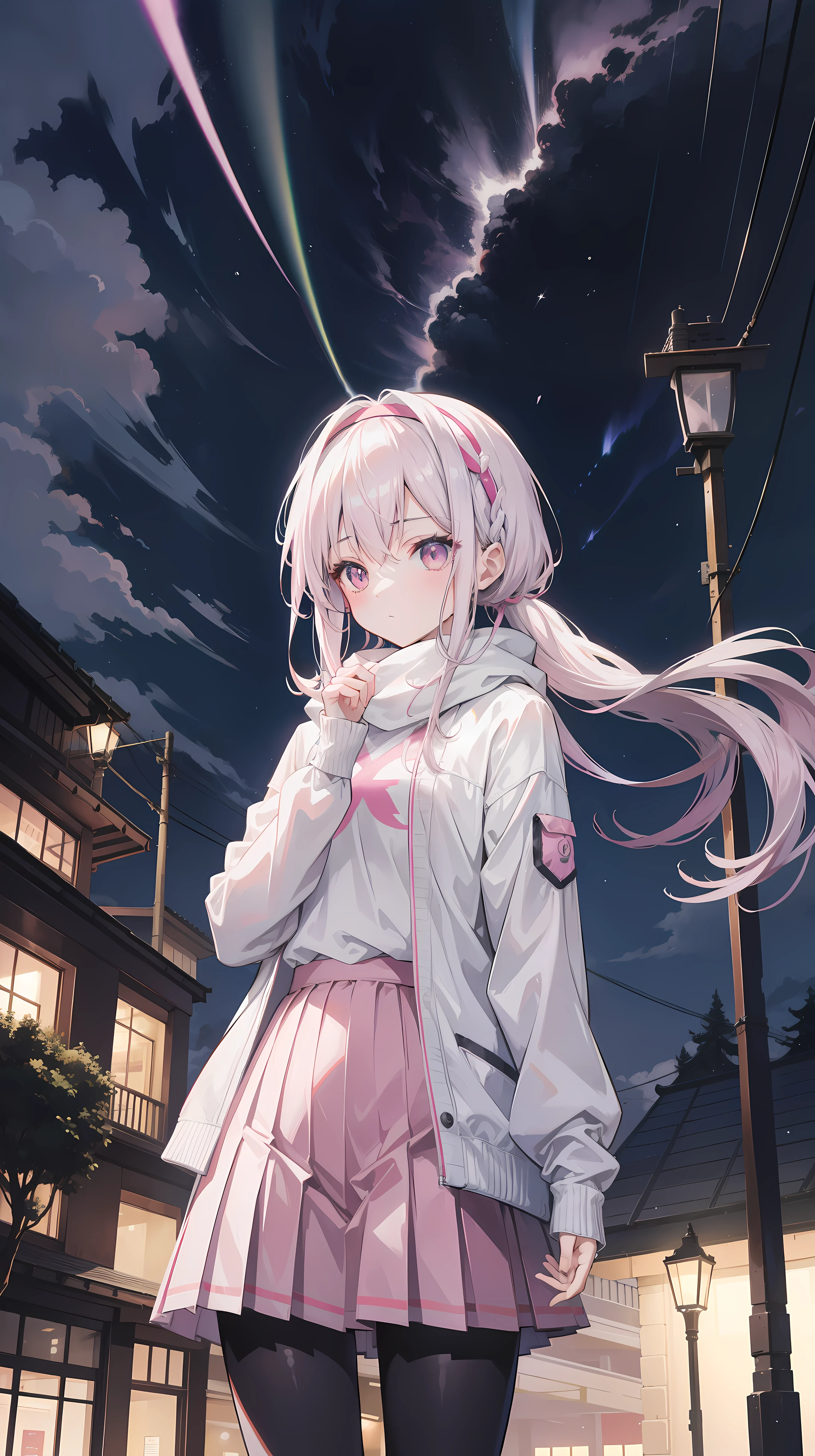 anime girl, alone, White hair, hair tied with scarfs, scarf, Pink pleated skirt, pantyhose, garden, winter, night, street lamp, lightning, cloudy sky, thunderstorm, Northern Lights