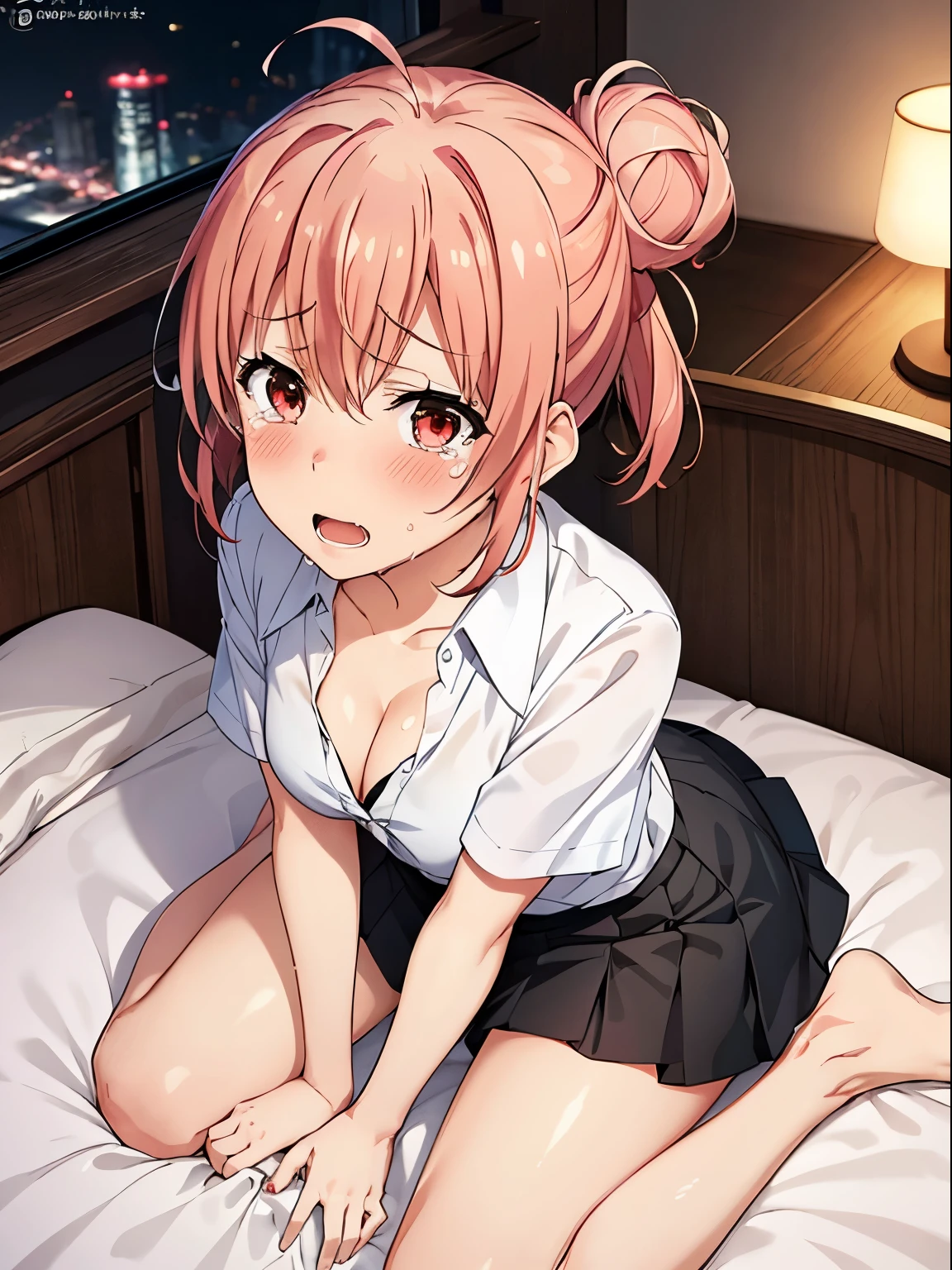1 girl,  
yuigahama yui, pink hair, hair bun, short hair, 

(8K, Top quality, muste piece)

white collared shirt, 
black micro skirt, 
embarrassed, blush, 
sitting on bed, wariza
cleavage, sfw, tears,  
hands between legs, 
night view, 
pov, from above, 