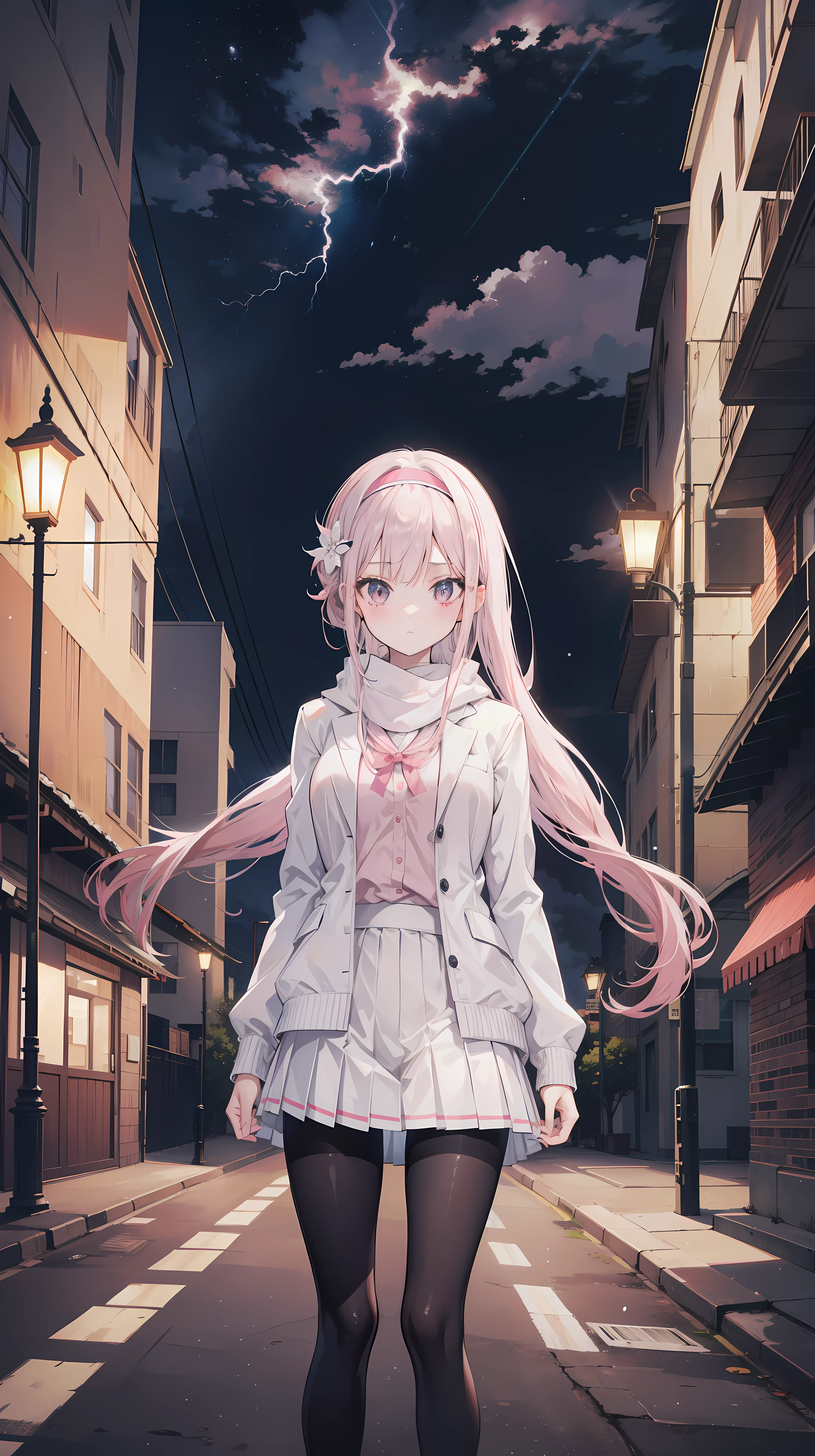 anime girl, alone, White hair, hair tied with scarfs, scarf, Pink pleated skirt, pantyhose, garden, winter, night, street lamp, lightning, cloudy sky, thunderstorm, Northern Lights