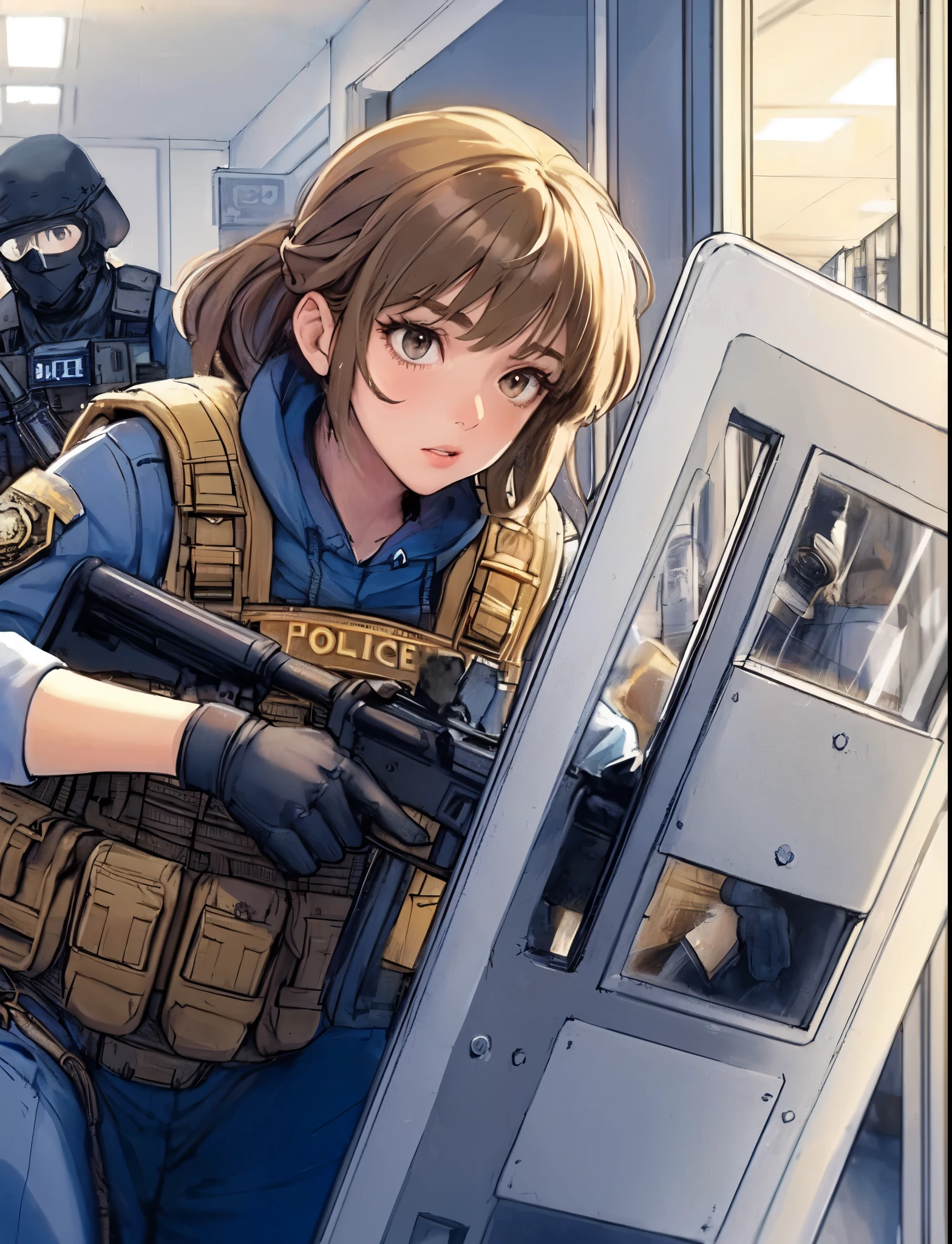 1lady solo, (fearlessly advancing in bank), (police special forces), mature female, /(light brown hair/) bangs, (determined expression) brave, (masterpiece best quality:1.2) delicate illustration ultra-detailed, large breasts BREAK (holding (large aluminum shield:1.2) in front of her face) BREAK (bank indoors), incident taking place, tense atmosphere, colleagues, detailed background