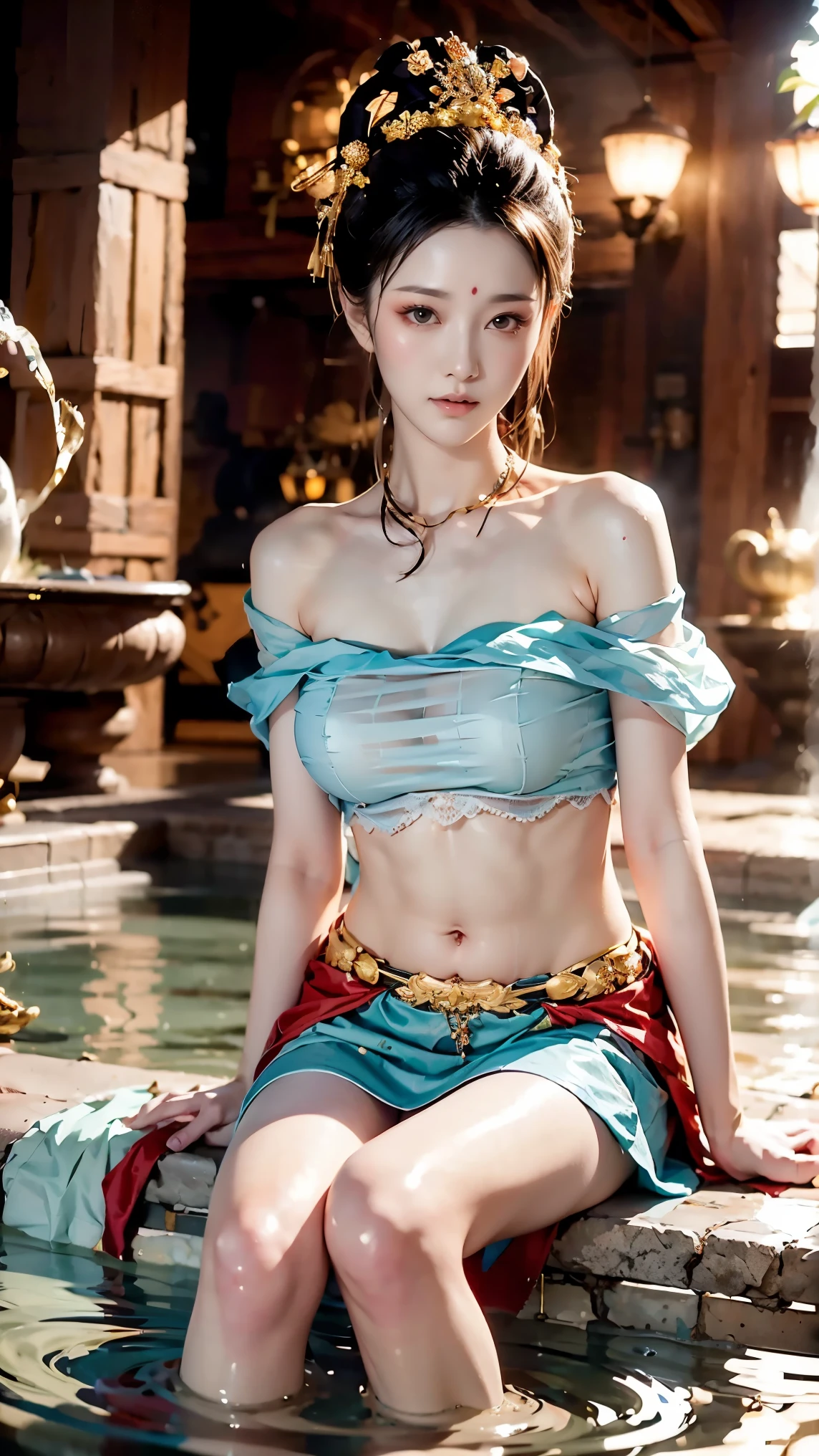 8k,best quality,Work,Very detailed,ultra high definition,feels,beautiful wallpaper,best masterpiece,Tyndall effect,Reality,Highest rendering,extremely beautiful face,ultra high definition晰度,exquisite facial expressions,Detailed description of face,Delicate hair features,look up,hair past shoulders,best quality,extremely high resolution。The heroine is sitting on her knees in the antique hot spring pool,take off shoulders,clavicle,White bellyband,belly button,Borrower's jade legs,grapefruit model: Character 2, CFG scale: 7, Hire high-end talents: 1.5