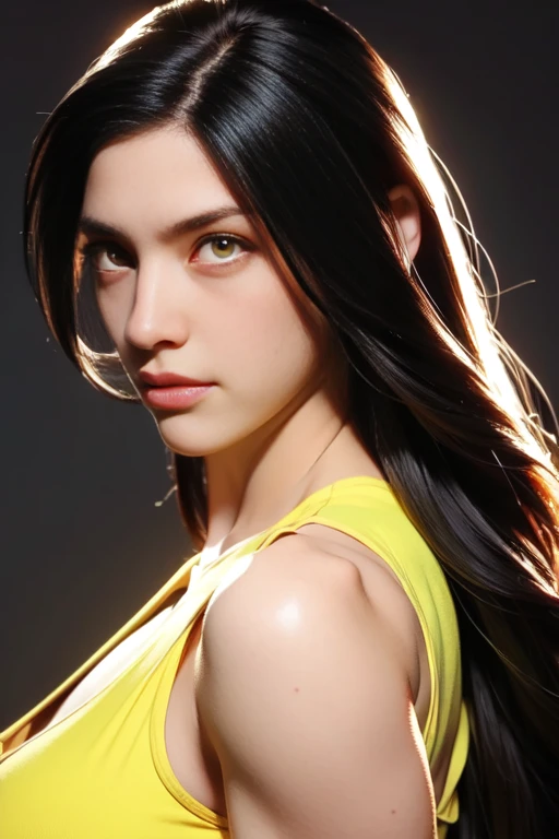 (((muscular girl))) huge breasts grey background black hair very long hair yellow eyes pale skin close up
