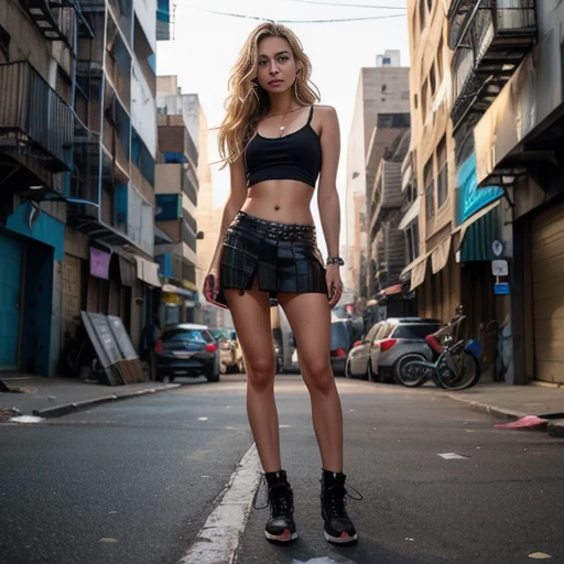full body portrait of a young woman prostitute with very long blonde, wavy hair standing bare midriff scantily dressed in a miniskirt on a lonely New York street in the slums in the early evening background clearly visible