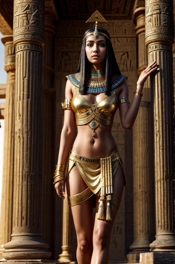 Imagine Cleopatra queen of Egypt standing in a ancient Egyptian palace 50 AC, a beautiful 19 years old Egyptian girl, slender body, 8K, ultra high res.photorealistic, UHD, Masterpiece, half body shot