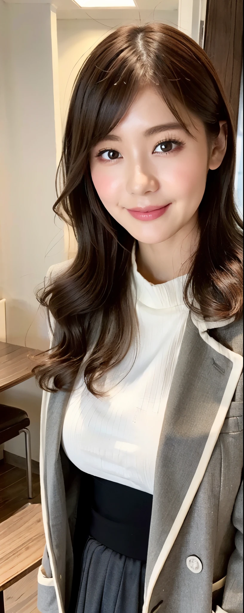 (8k, RAW photos, top quality, masterpiece: 1.2, ultra detailed, super resolution, real photos: 1.37), (Full body photo), 1 noble elegant Japanese lady, (standing contrapposte), winter season, ((black color coodinate, wearing over-size nouton coat, winter fluffy scarf, grey long skirt, legging, wearing long boots)), Shiny, Smile, Looks like 1.8 meters tall, large pelvis, Large breasts, big cuvy hips, Thin waist, Long legs, skin hyper-detail, 20 years old, Perfect face, (Detailed facial features), Wavy hair, Daylight, winter season, snazzy cafe,