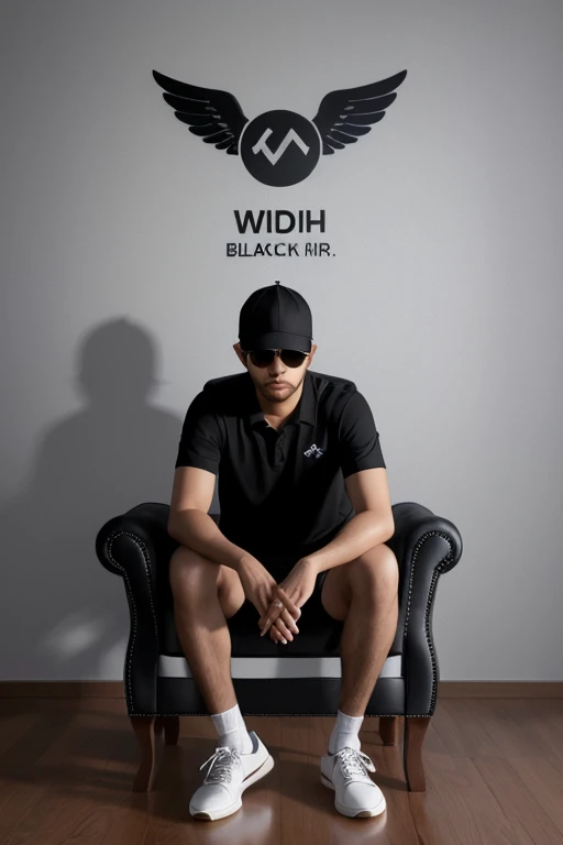 Create a 3D illusion for a WhatsApp profile picture where a boy in a black shirt sits casually on a Wingback Chair. Wearing sneakers, a black cricket cap, and sunglasses, he looks ahead. The background features “jashwanth“ in big and capital white fonts on the black wall. There should not be his shadow, and there are wings to make it appear as if he is an angel