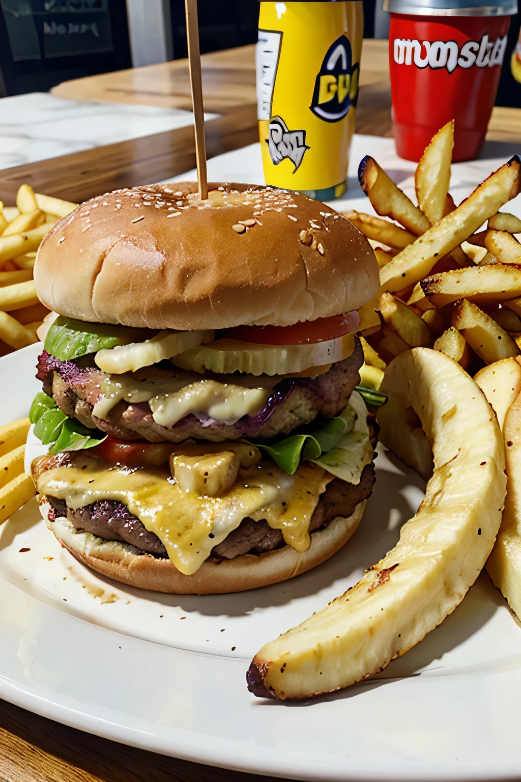 burger, fries and banana