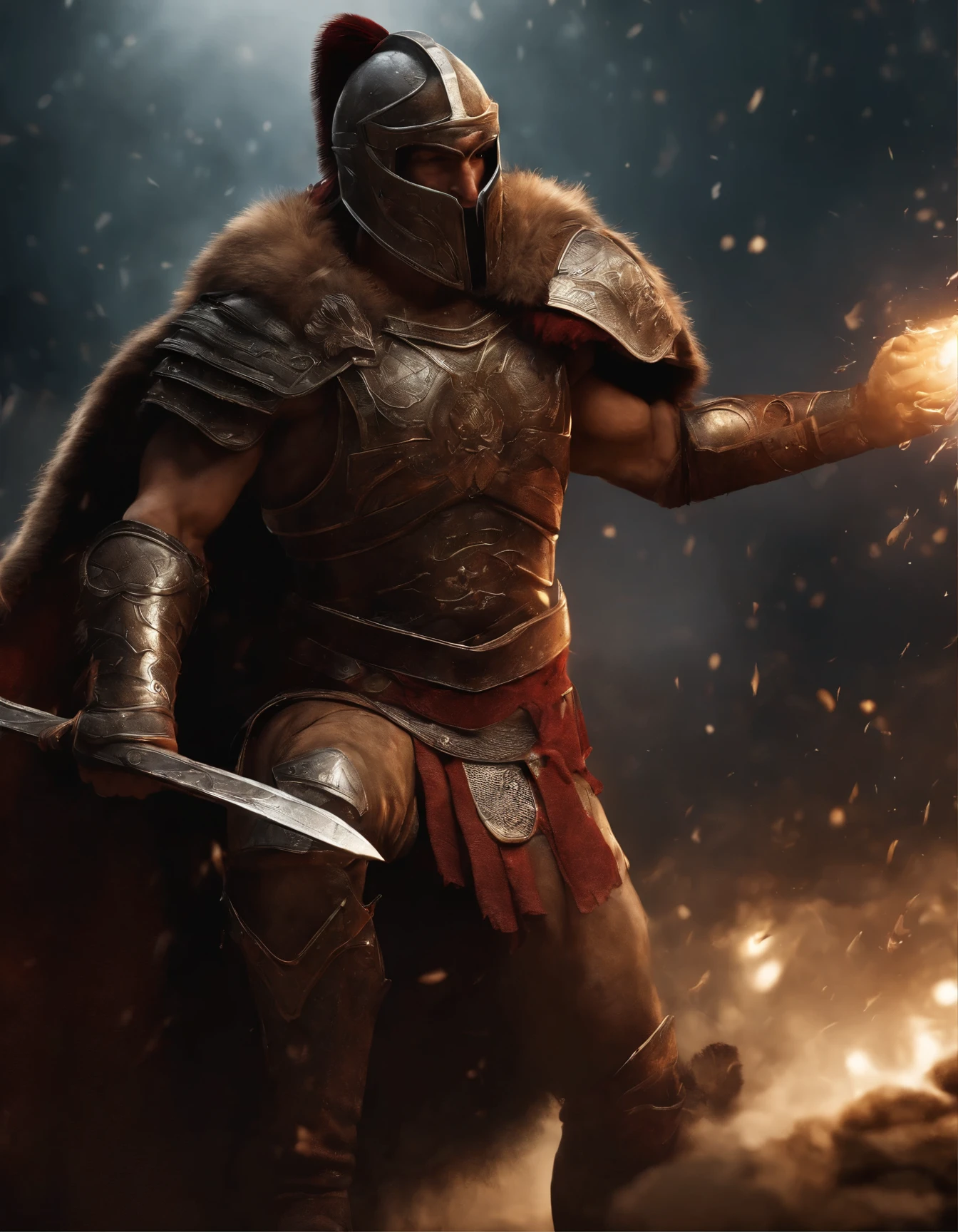 A highly intricate and realistic image of a powerful and otherworldly Spartan warrior, depicted in a pose of action in warfare. The warrior should possess a rugged and muscular physique, adorned with armor and a fur pelt. Pay meticulous attention to details, while rendering the artwork using the vibrant and stunning Octane software. Convey an atmospheric and vivid ambiance, reminiscent of epic tales. Infuse the composition with drama, utilizing the Unreal Engine to produce a breathtaking 8k resolution. Aim for a photorealistic quality, resembling the artistic styles of Jim Lee, Luis Royo, and Boris Vallejo. Keep the focus sharp and emphasize ultra-realism, incorporating elements like blood splatter for added intensity.