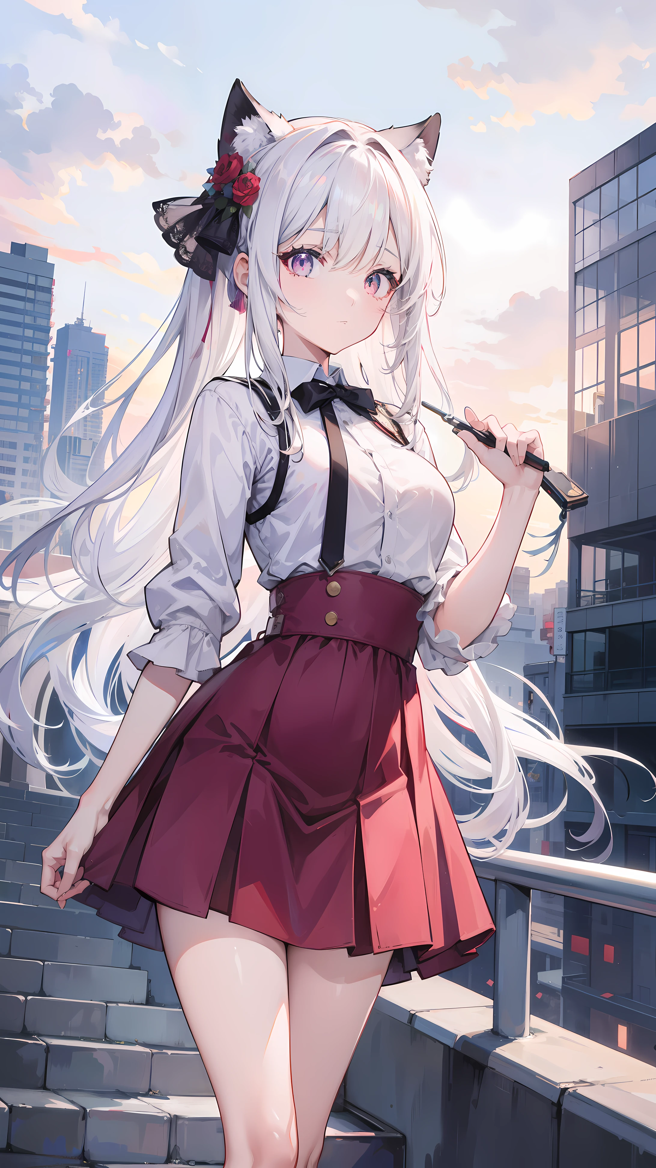 anime girl, long white hair, Pale pink eyes, With beautiful city background, good anatomy, 8k, high resolution,Different movements and beautiful