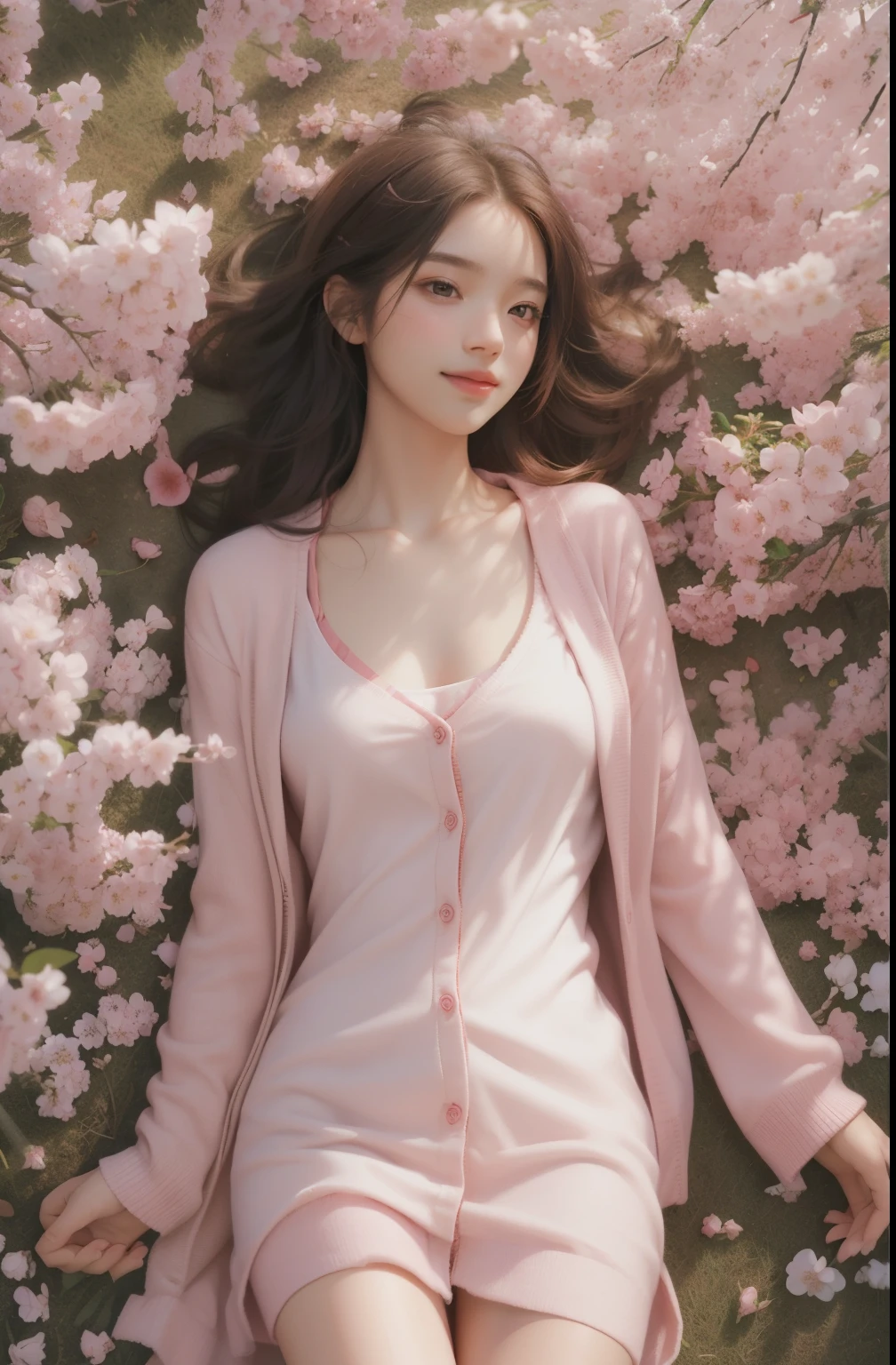 Best quality, masterpiece, ultra high resolution, (photorealistic:1.4), raw photo, 1girl, pink dress and cardigan, sakura blossom flower field, glowing skin, light smile, lying ,cute