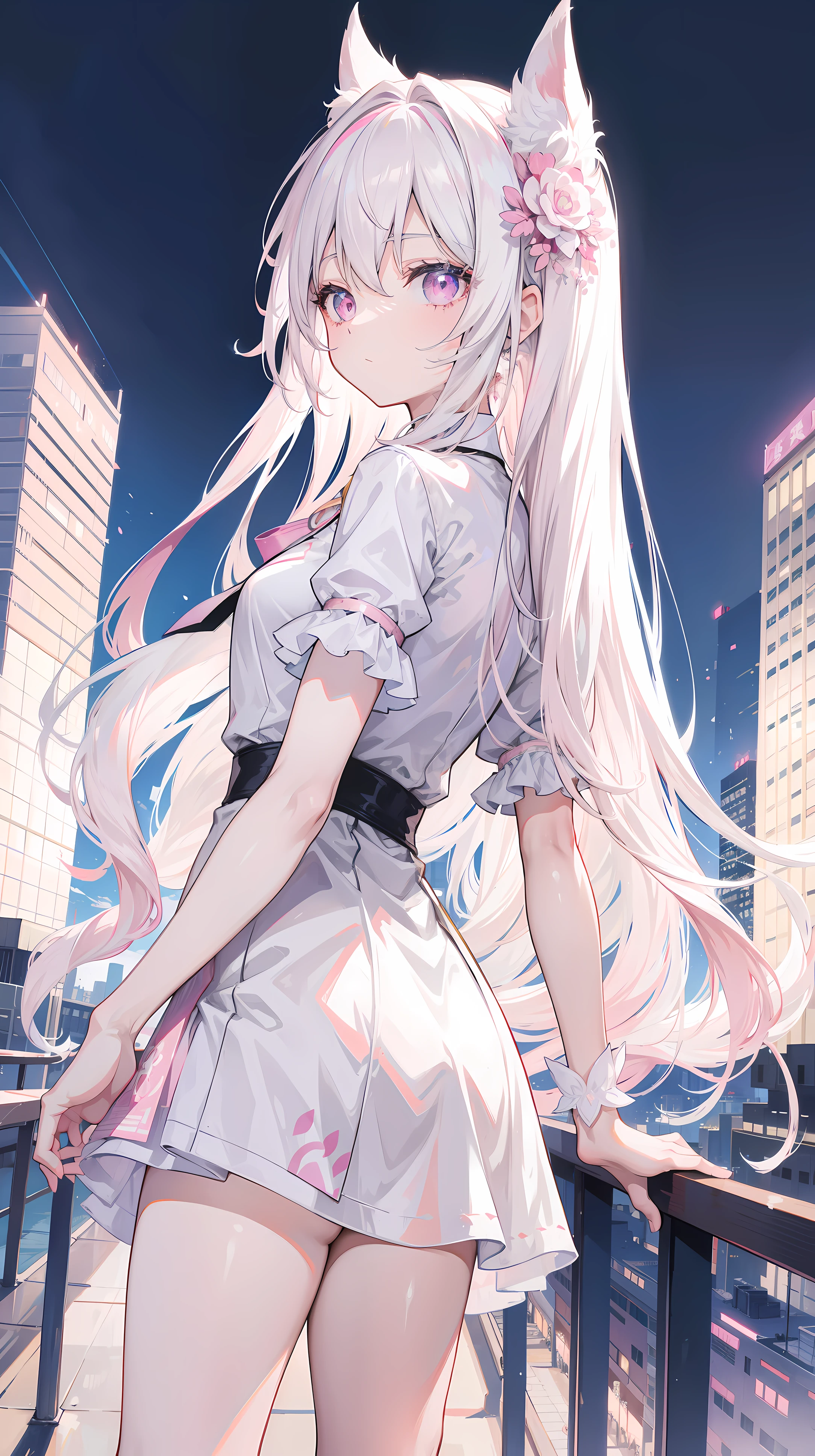anime girl, long white hair, Pale pink eyes, With beautiful city background, good anatomy, 8k, high resolution
