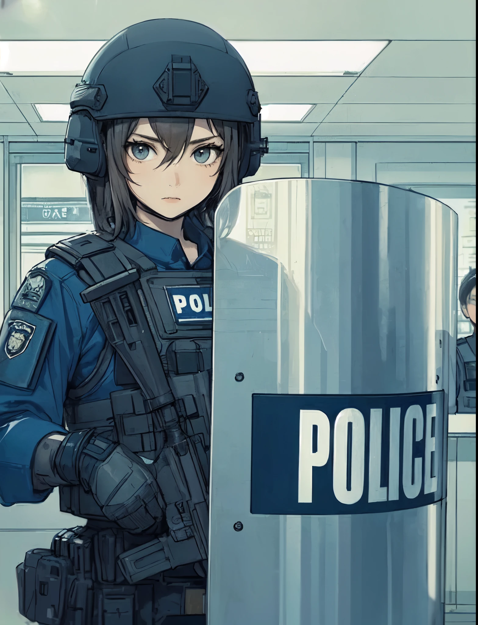 1lady solo, (standing with large shield), (police special forces), mature female, /(black hair/) bangs, (determined expression) brave, (masterpiece best quality:1.2) delicate illustration ultra-detailed, large breasts BREAK (holding (large aluminum shield:1.2) in front of her face), (communication device) BREAK (bank indoors), incident taking place, tense atmosphere, police, colleagues, detailed background