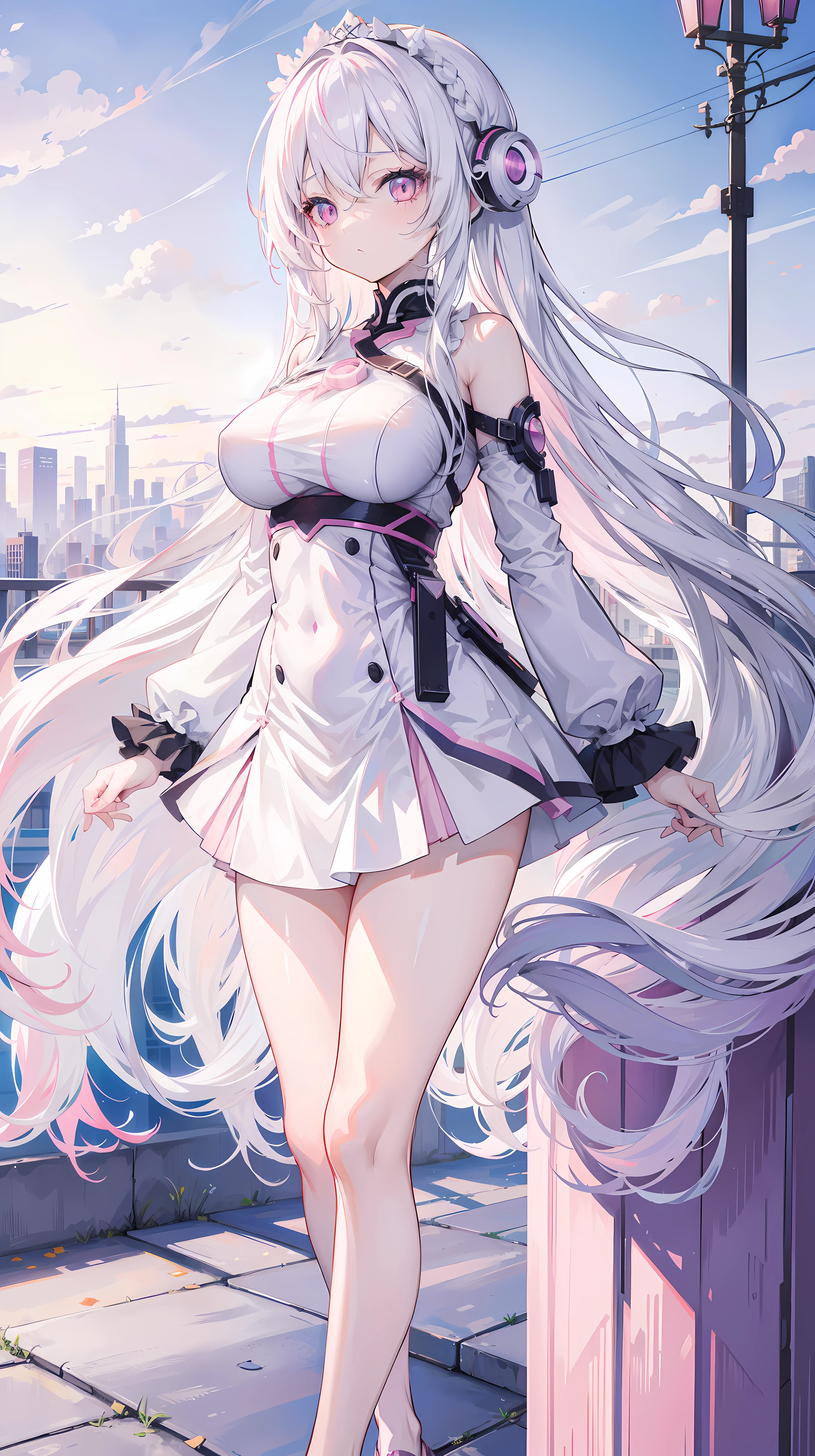 anime girl, long white hair, Pale pink eyes, With beautiful city background, good anatomy, 8k, high resolution