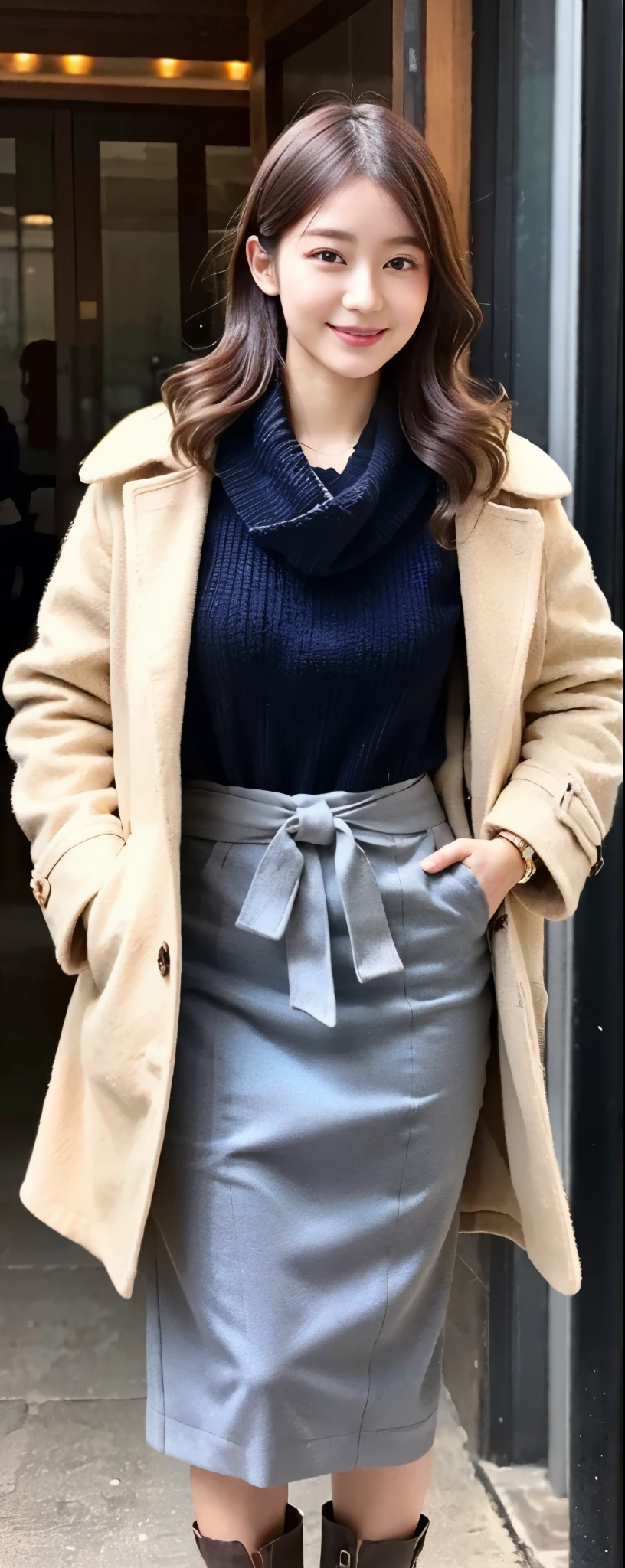 (8k, RAW photos, top quality, masterpiece: 1.2, ultra detailed, super resolution, real photos: 1.37), (Full body photo), 1 noble elegant Japanese lady, (standing contrapposte), winter season, ((black color coodinate, wearing over-size nouton coat, winter fluffy scarf, grey long skirt, legging, wearing long boots)), Shiny, Smile, Looks like 1.8 meters tall, large pelvis, Large breasts, big cuvy hips, Thin waist, Long legs, skin hyper-detail, 20 years old, Perfect face, (Detailed facial features), Wavy hair, Daylight, winter season, snazzy cafe,