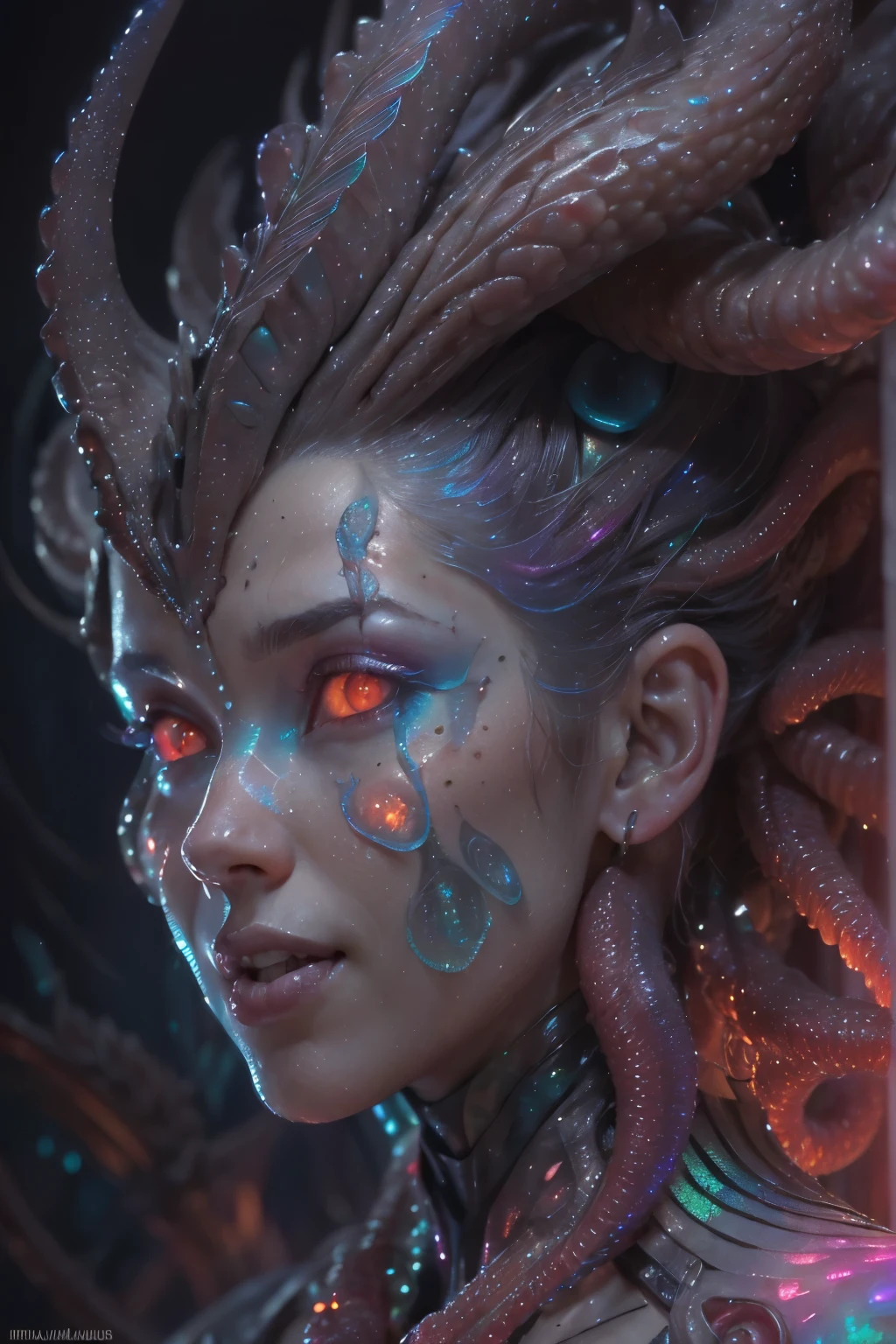(1 beautiful and obscene female alien:1.4), (There is a female genital-like organ in the middle of her forehead:1.95), SHe has medusa-like hair, (there are lots of translucent tentacles from her head like her hair:1.8), (vulgarity1.7), (she is looking at viewers with glowing red eyes with no pupils:1.8), (She has translucent pale skin:1.7),(She has the most beautiful face in the history of the universe:1.2), (She has multiple bioluminescent organs on the side of her tentacles:1.4), (Her body is covered with an iridescent exoskeleton:1.6), (She is showing her arm pits:1.4), an evil gaze that seduces, (large mouth:1.1), (sharp teeth like a vampire:1.2), Full body portrait, (bio luminescent:1.5), (Smile wickedly:1.3), (sexypose:1.5), alien, No humans, cells are fused, extraterrestrial, cell, bio image, masterpiece, ultra high resolution, (photos realistic:1.7), scary and sexy detailed art in color, best quality, 8K,In 4K_quality, High freshness, Dramatic Lighting, cinematic quality, (exquisite details:1.2), High freshness, drawing faithfully, (Thick eyebrows:1.2), Beautiful eyes with fine symmetry,(Highly detailed face and eyes:1.2),(Super detailed skin quality feeling:1.4), perfect anatomy, (Beautiful toned body:1.5), (Moist skin:1.2), not wearing makeup, (dark circles:1.1), long canines, cinematic drawing of characters, cinematic quality, (exquisite details:1.2), high resolution, High freshness, drawing faithfully, official art, Unity 8K Wall paper, ultra detailed artistic photography, midnight aura, unreal engine 5, Ultra Sharp Focus, art by Amano Yoshitaka, ArtGerm, Roisch, intricate artwork,ultra realistic realism, dream-like, Creation of fantasy, dream Snail, (biopunk nautilus:1.3),Thrilling color schemes, seductively smiling, Amazing mutation, well-proportioned body, goddess of the deep sea, fractal, Geometric pattern, impossible figures,(asymmetry:1.4), (white tentacles with blue stripes:1.4), subtle emerald green accents, (expression of ecstasy:1.6)