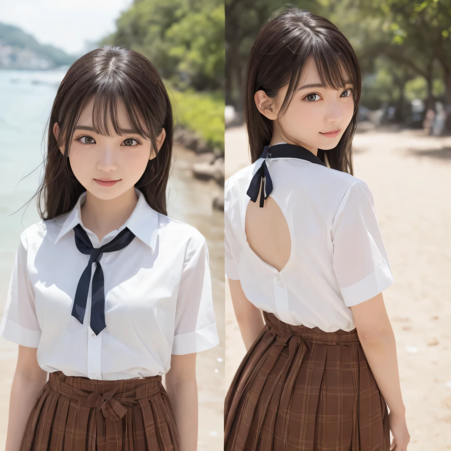 Smile、night、24 year old beautiful girl from Prague、original photography、(((ultimate beauty portrait)))、((sparkling skin))、((brown hair))、bright expression、((Big eyes sparkling like gems))、、pantyhose、Glowing and radiant skin、(medium hair)、(silk ponytail)、(standing)、(from below)、under skirt、Eyeliner、beautiful bangs、(from below特写)、hair between eyes、((masterpiece、top quality、Super detailed、movie light、intricate details、high resolution、Very detailed))、background for this、8 kood、digital SLR、soft light、high quality、film grain、富士XT3 、shallow view deep、natural soft light、Kamimei、Above the legs、Look at the sexy shots of the camera、collared shirt、whole body、 Rear view、Holding a bouquet of flowers、standing at the beach