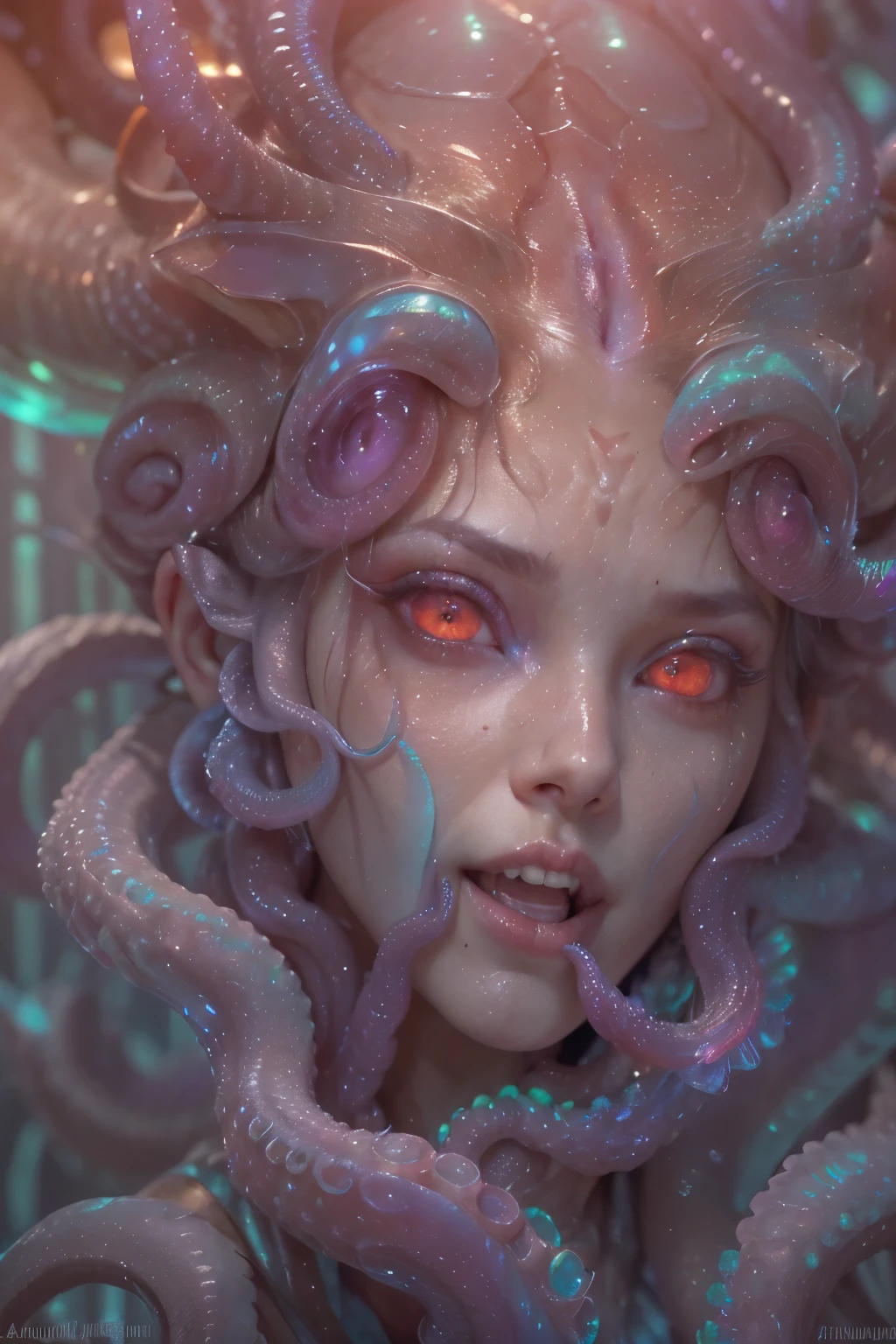 (1 beautiful and obscene female alien:1.4), (There is a female genital-like organ in the middle of her forehead:1.95), SHe has medusa-like hair, (there are lots of translucent tentacles from her head like her hair:1.8), (vulgarity1.7), (she is looking at viewers with glowing red eyes with no pupils:1.8), (She has translucent pale skin:1.7),(She has the most beautiful face in the history of the universe:1.2), (She has multiple bioluminescent organs on the side of her tentacles:1.4), (Her body is covered with an iridescent exoskeleton:1.6), (She is showing her arm pits:1.4), an evil gaze that seduces, (large mouth:1.1), (sharp teeth like a vampire:1.2), Full body portrait, (bio luminescent:1.5), (Smile wickedly:1.3), (sexypose:1.5), alien, No humans, cells are fused, extraterrestrial, cell, bio image, masterpiece, ultra high resolution, (photos realistic:1.7), scary and sexy detailed art in color, best quality, 8K,In 4K_quality, High freshness, Dramatic Lighting, cinematic quality, (exquisite details:1.2), High freshness, drawing faithfully, (Thick eyebrows:1.2), Beautiful eyes with fine symmetry,(Highly detailed face and eyes:1.2),(Super detailed skin quality feeling:1.4), perfect anatomy, (Beautiful toned body:1.5), (Moist skin:1.2), not wearing makeup, (dark circles:1.1), long canines, cinematic drawing of characters, cinematic quality, (exquisite details:1.2), high resolution, High freshness, drawing faithfully, official art, Unity 8K Wall paper, ultra detailed artistic photography, midnight aura, unreal engine 5, Ultra Sharp Focus, art by Amano Yoshitaka, ArtGerm, Roisch, intricate artwork,ultra realistic realism, dream-like, Creation of fantasy, dream Snail, (biopunk nautilus:1.3),Thrilling color schemes, seductively smiling, Amazing mutation, well-proportioned body, goddess of the deep sea, fractal, Geometric pattern, impossible figures,(asymmetry:1.4), (white tentacles with blue stripes:1.4), subtle emerald green accents, (expression of ecstasy:1.6)