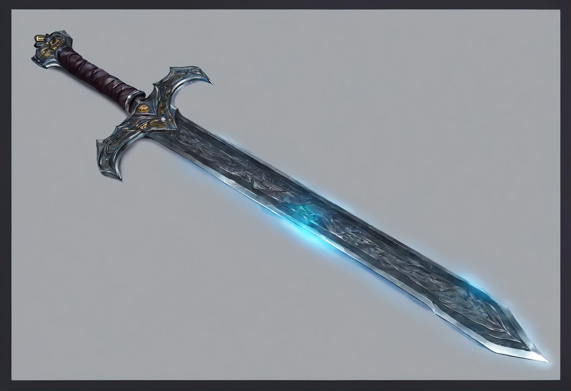 sword, digital art, concept art, masterpiece, symetric blade, blue light, no background, gray background