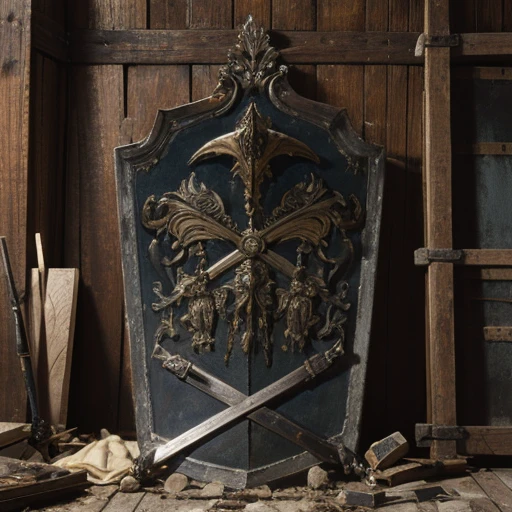 stilllife front view, metal huge battle shield in centre, symmetric composition, ancient old damaged shield with covered decor, front vew frontal, wood metal, super detailed, high resolution, ultra detalisation. masterpiece, ancient weapon steel swords around, pile of weapons steel swords weapon,