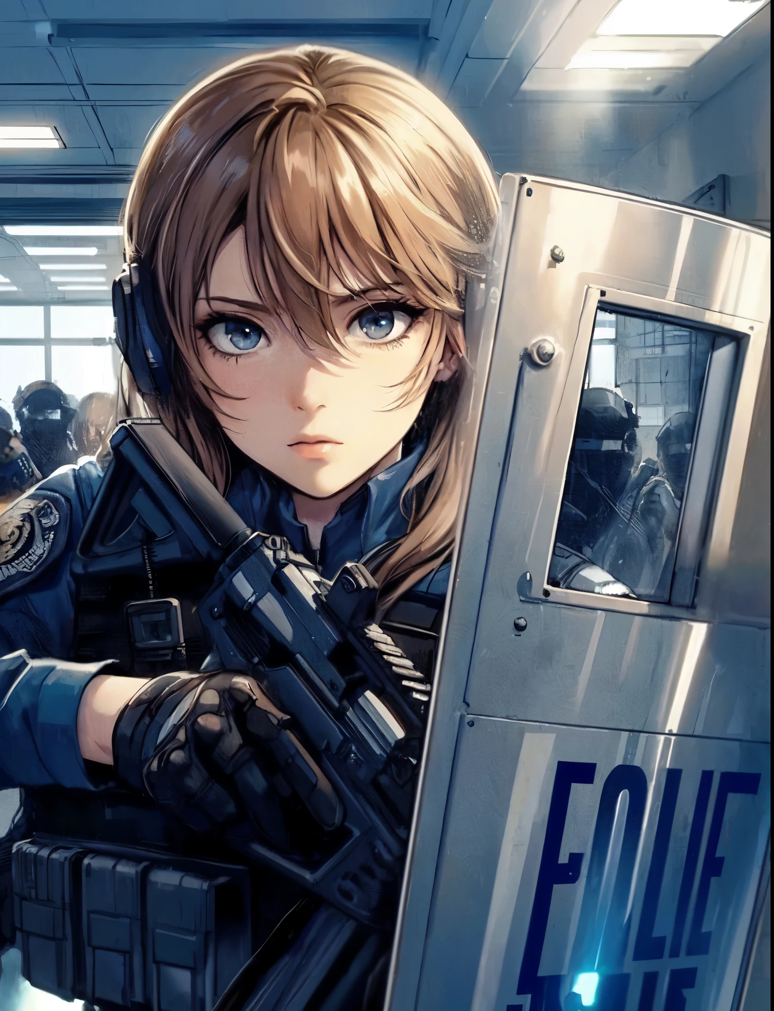 1lady solo, (fearlessly advancing in bank), (police special forces), mature female, /(light brown hair/) bangs, (determined expression) brave, (masterpiece best quality:1.2) delicate illustration ultra-detailed, large breasts BREAK (holding (large aluminum shield:1.2) in front of her face) BREAK (bank indoors), incident taking place, tense atmosphere, colleagues, detailed background