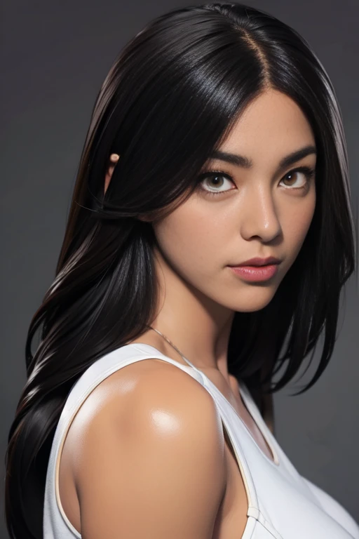 (((muscular girl))) huge breasts grey background black hair very long hair yellow eyes pale skin close up