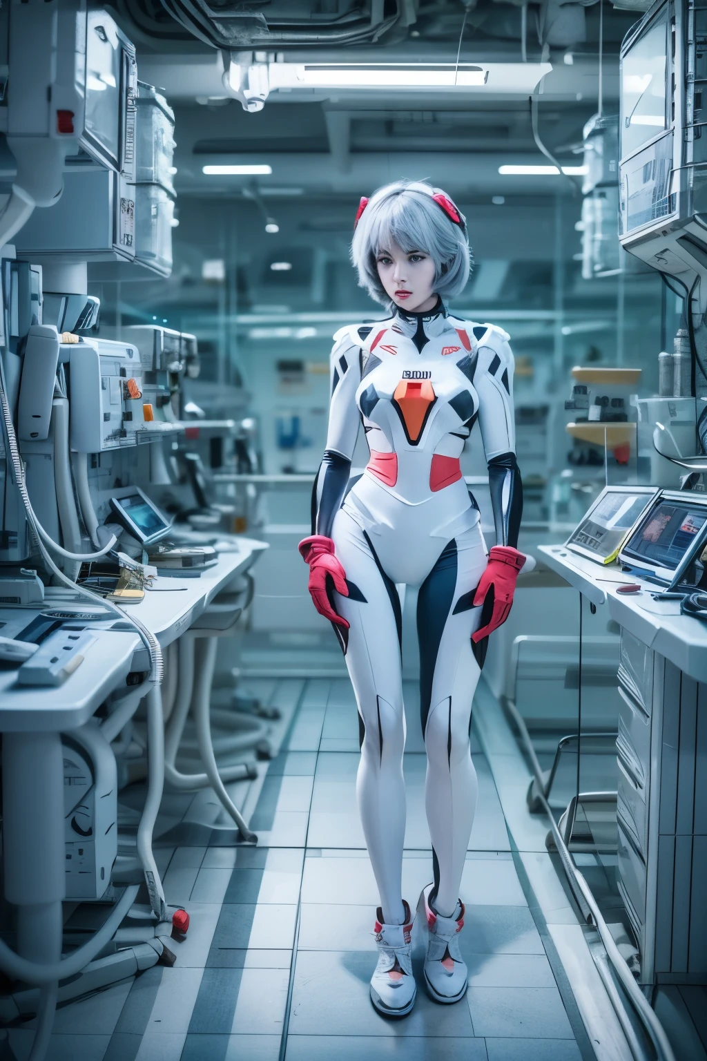 The full body Portrait of Rei Ayanami from Neon Genesis Evangelion, inside the NERV lab with lots of scientists, detailed scene, stunning details, anime, detailed environment, ray tracing, 8k，full-body shot，white shiny metal shoes，The luminous shapewear that is attached to the whole body is covered with high-tech geometric circuit lines.，Surrealism，perfect art form