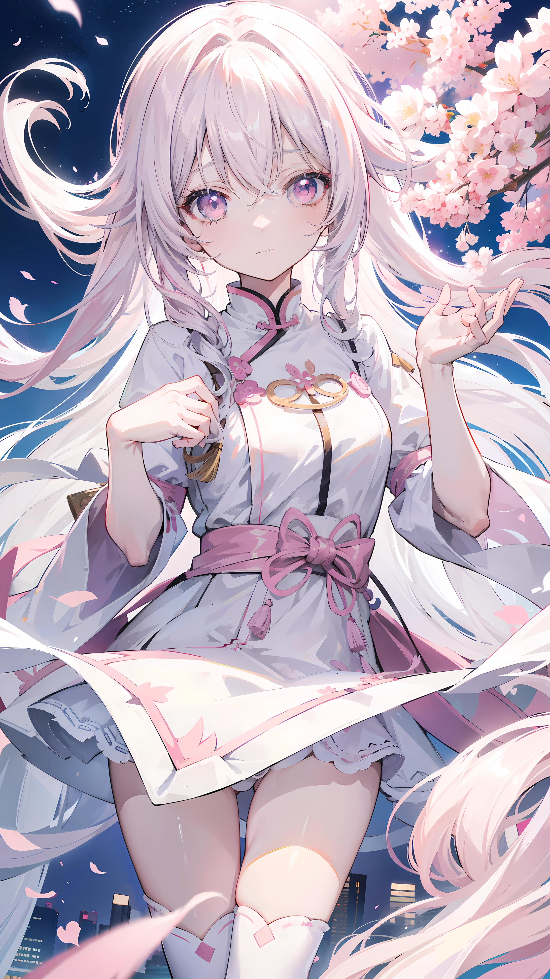 anime girl, long white hair, Pale pink eyes, With beautiful city background, good anatomy, 8k, high resolution,Different movements and beautiful