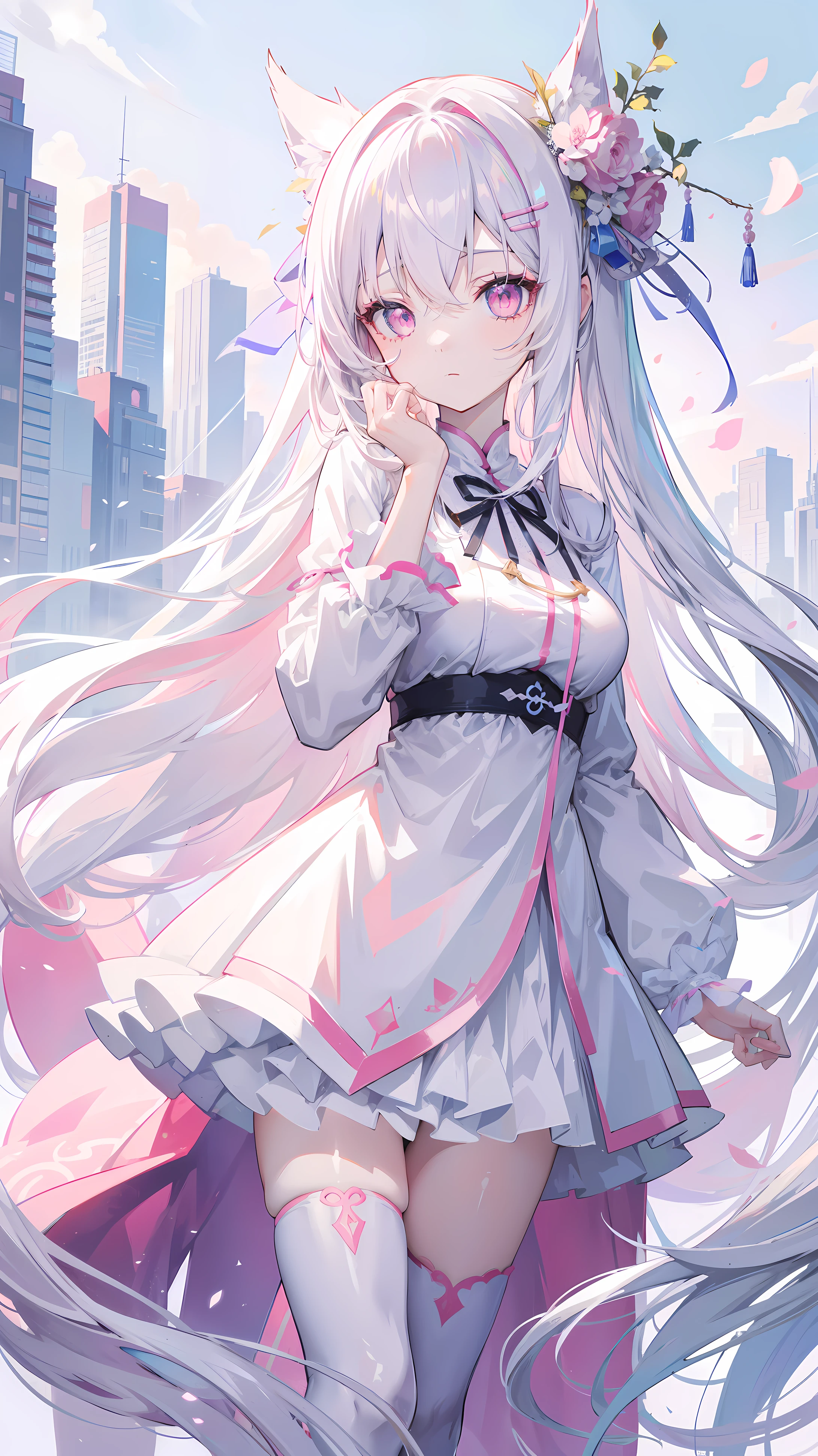 anime girl, long white hair, Pale pink eyes, With beautiful city background, good anatomy, 8k, high resolution，Different movements and beautiful
