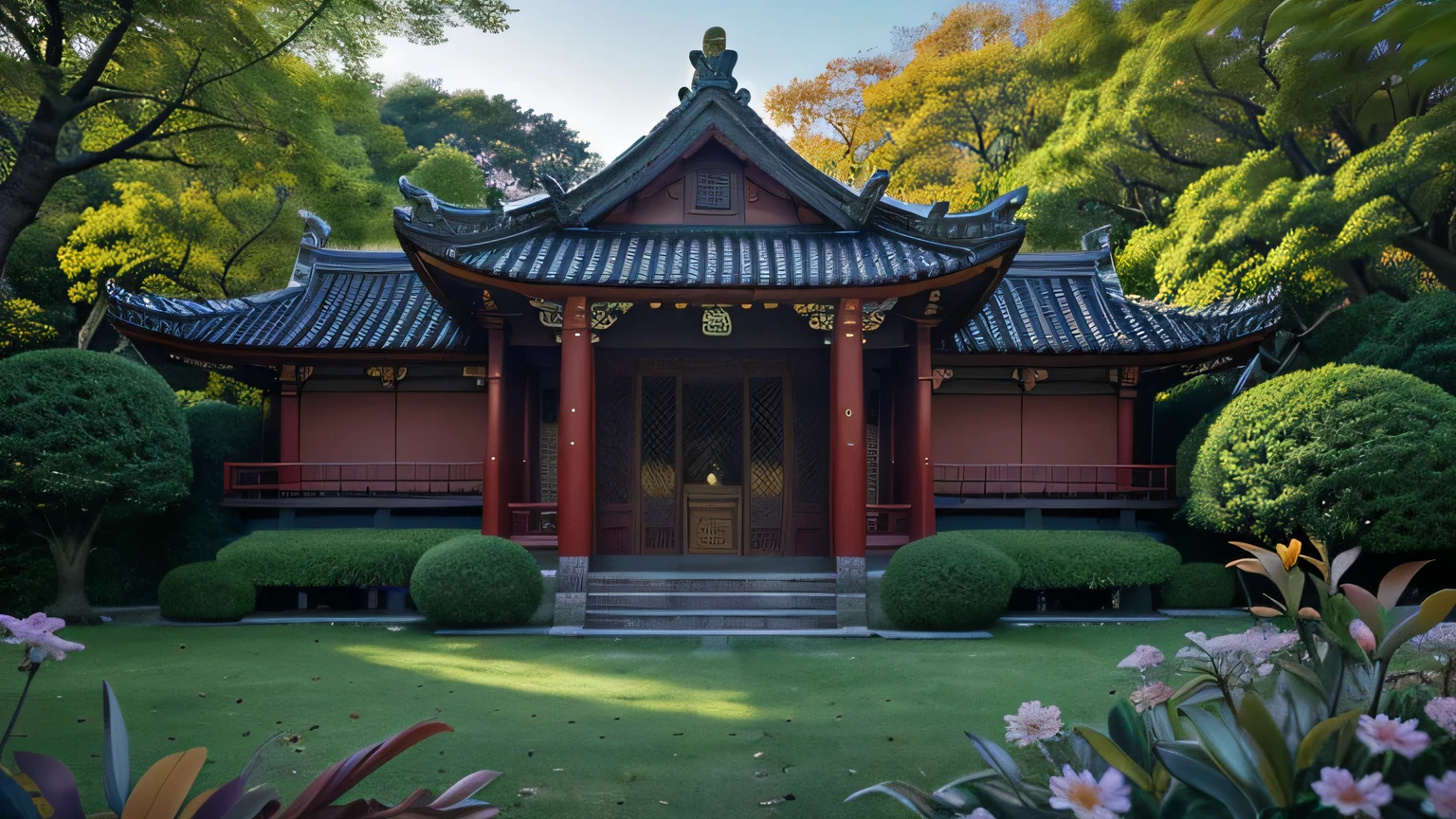 Quaint Han Dynasty style temple,Monks meditate in front of the monastery(closeup cleavage),Sit down and meditate,Practice Zen,pagoda,grassy,tree,florals,The bird,Autumn view,the setting sun,chinse landscape,(8k wallpaper),(light and shadow effect),White balance design,Extremely detailed depiction,Beautifully depicted,acurate,Works of masters,tmasterpiece,Nightmare vision,Dark fantasy plot,Perfect and excellent composition,8K分辨率,the detail,limitations,Close-up ultra-wide angle shot,realisticlying,stunning skies,Colorful clouds float,true to life, Pubic area is clear, flawless perfection, Digital SLR, 1024, 2048, 4096, A detailed, Sharp, best qualtiy, high qulity, absurderes,unmanned background,The is very detailed、Detailed lighting shadows,Trends on ArtStation、iintricate、high detal、dramatics、(Volumetriclighting:1.2)hdr shot。(Close-up,Super deep view,ultra-wide-angle,Microfocal length lens:1.2)(realisticlying:1.4)tmasterpiece、high high quality、Beautiful photography,globalillumination