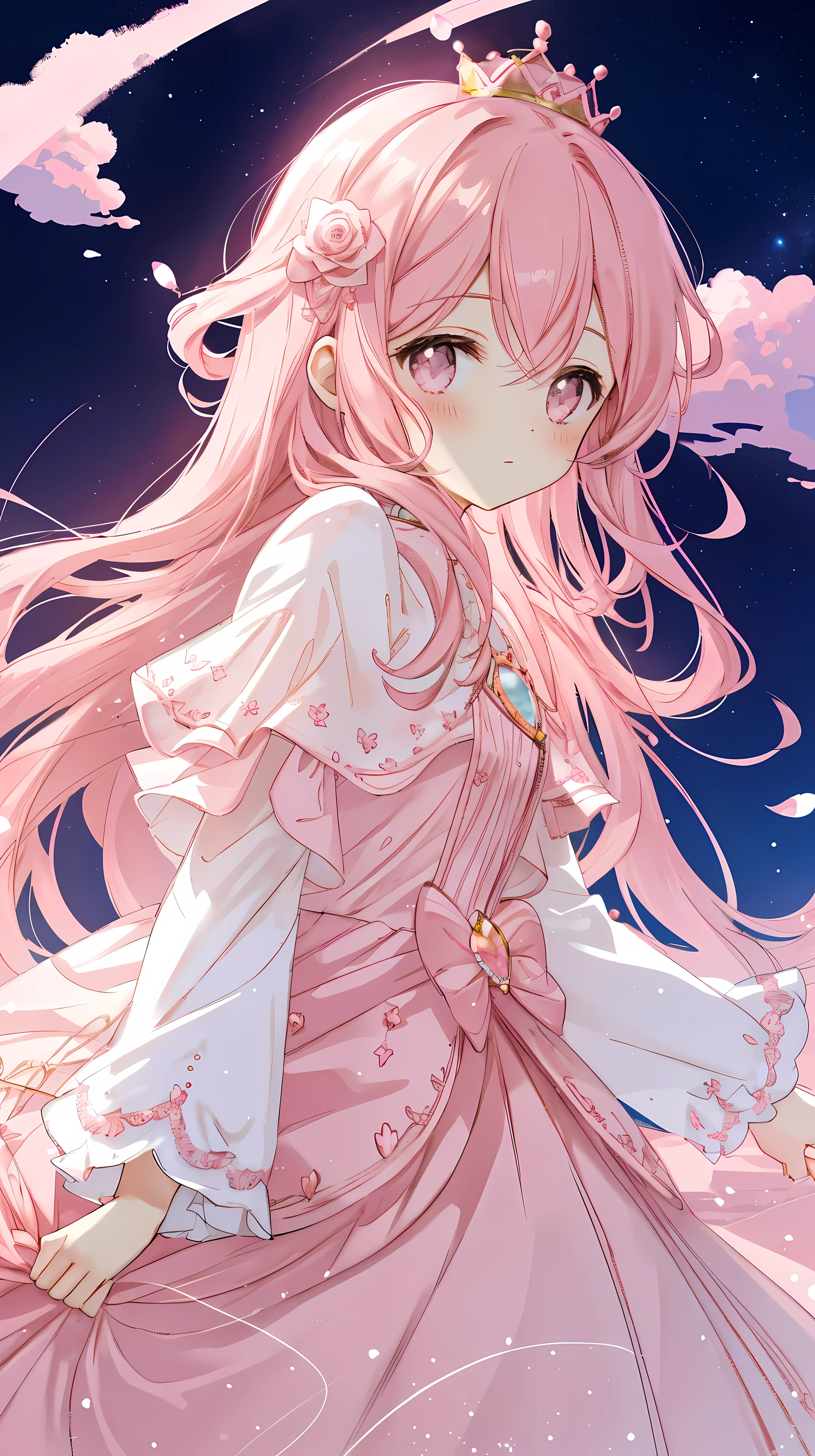 Pink Moon, pink sky, Soft pink clouds, The pink waves sparkle, sparkling, Pink roses in a sea of pink, fantasy, diamond, crown, space, soft light,