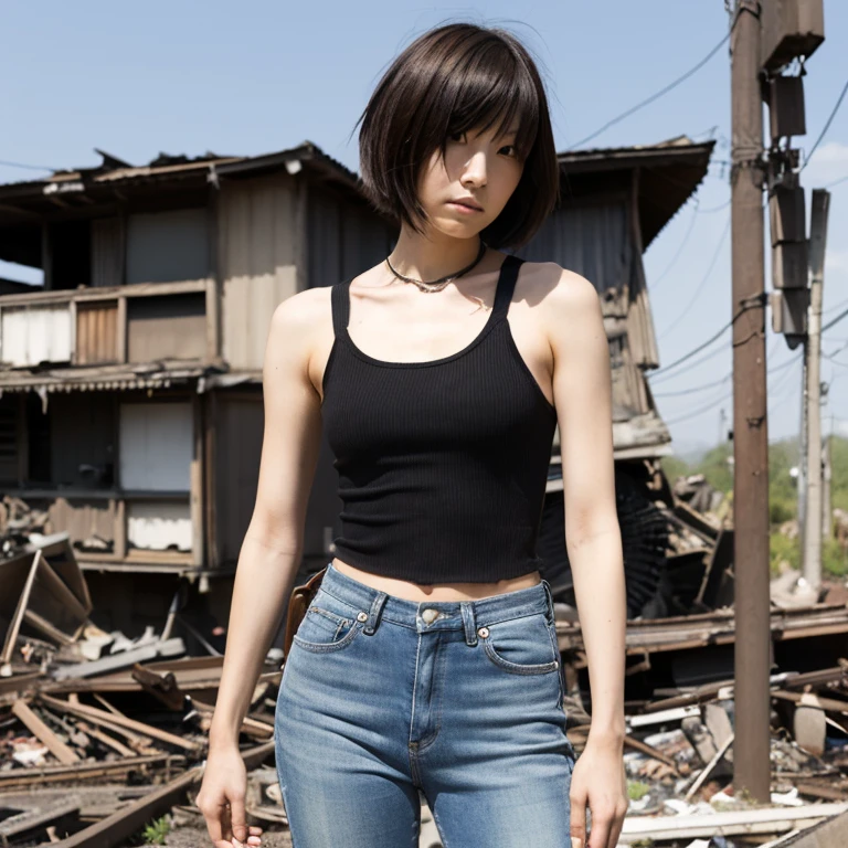 A Japanese woman, look at viewr, ((very Short hair)), ((skinny:1.3)), 27-years old, Post-apocalypse, Ruins, tank top, hot pants, full body,