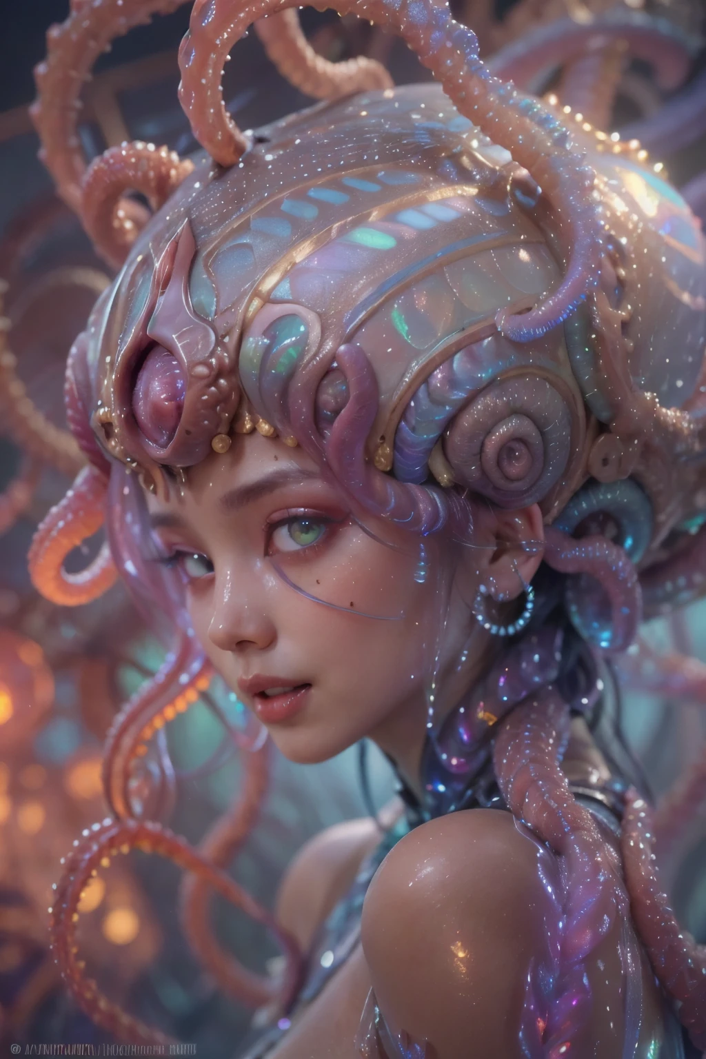 Portrait, (beautiful and obscene female alien:1.4), (vulgarity1.7), (she has red eyes with no pupils:1.8), (She has translucent pale skin:1.7), (There is a female genital-like organ in the middle of the forehead:1.95), (She has the most beautiful face in the history of the universe:1.2), (She has multiple bioluminescent organs on the side of her tentacles:1.4), (Her body is covered with an iridescent exoskeleton:1.3), (She is showingh her arm pits:1.4), an evil gaze that seduces, (large mouth:1.1), (sharp teeth like a vampire:1.2), Full body portrait, (bio luminescent:1.5), (Smile wickedly:1.3), (sexypose:1.5), alien, No humans, cells are fused, (No hair but there are lots of translucent tentacles from her head like hair:1.8) extraterrestrial, cell, bio image, best quality, 8K,In 4K_quality, High freshness, Dramatic Lighting, cinematic quality, detail up, (exquisite details:1.2), High freshness, drawing faithfully, (Thick eyebrows:1.2), Beautiful eyes with fine symmetry,(Highly detailed face and eyes:1.2),(Super detailed skin quality feeling:1.4), perfect anatomy, (Beautiful toned body:1.5), (Moist skin:1.2), not wearing makeup, (dark circles:1.1), long canines, cinematic drawing of characters, cinematic quality, detail up, (exquisite details:1.2), high resolution, High freshness, drawing faithfully, official art, Unity 8K Wall paper, ultra detailed artistic photography, midnight aura, unreal engine 5, Ultra Sharp Focus, art by Amano Yoshitaka, ArtGerm, Roisch, intricate artwork,ultra realistic realism, dream-like, Creation of fantasy, dream Snail, (biopunk nautilus:1.3),Thrilling color schemes, seductively smiling, Amazing mutation, well-proportioned body, goddess of the deep sea, fractal, Geometric pattern, impossible figures,(asymmetry:1.4), (white tentacles with blue stripes:1.4), subtle emerald green accents, (expression of ecstasy:1.6)