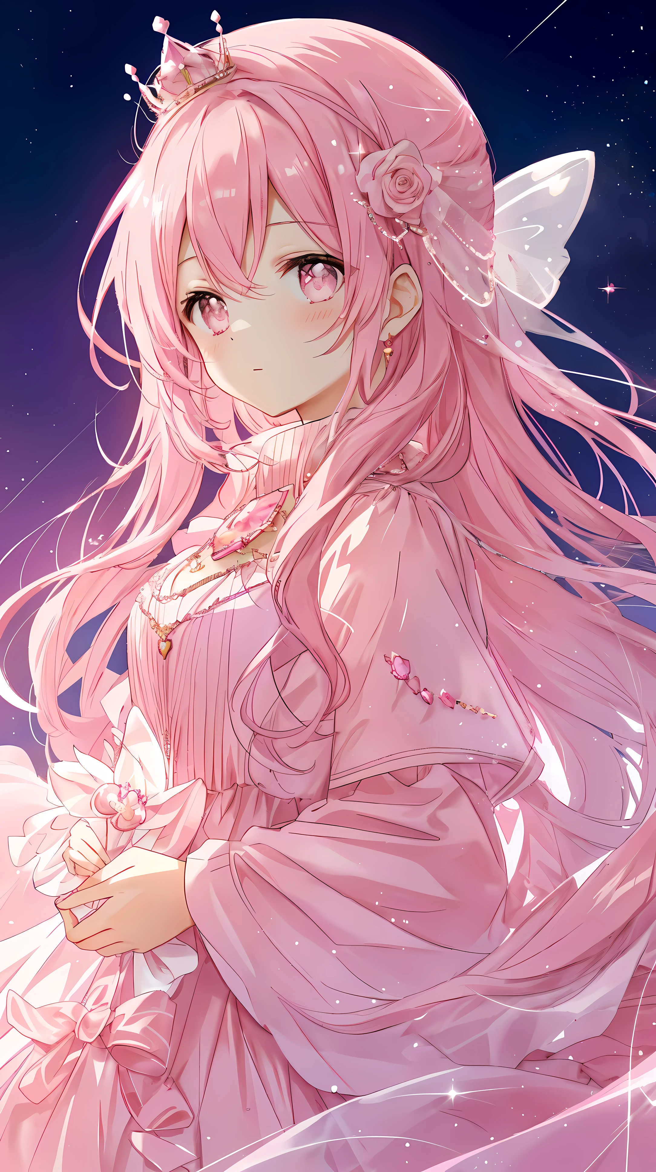 Pink Moon, pink sky, Soft pink clouds, The pink waves sparkle, sparkling, Pink roses in a sea of pink, fantasy, diamond, crown, space, soft light,