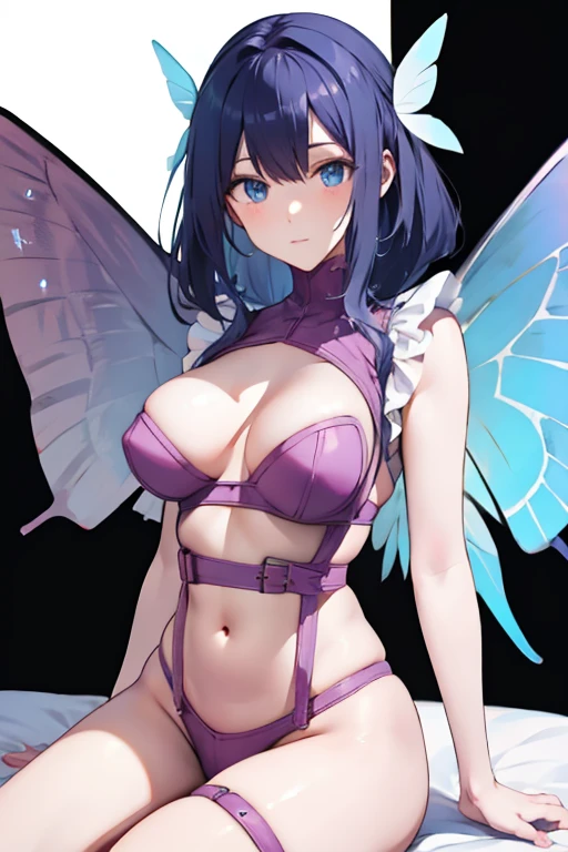 Black hair, blue eyes, sexy, large breasts, beautiful body, bed, Butterfly wings