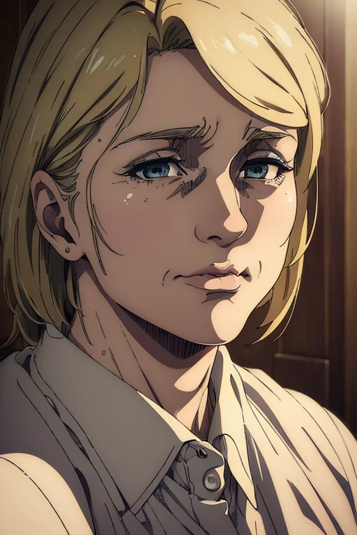 (best quality,4k,8k,highres,masterpiece:1.2),ultra-detailed,(realistic,photorealistic,photo-realistic:1.37),portraits,mappa art style, 45 old female character,hazel eyes, blonde hair,sharp jawline, wrinkles on forehead and cheeks 