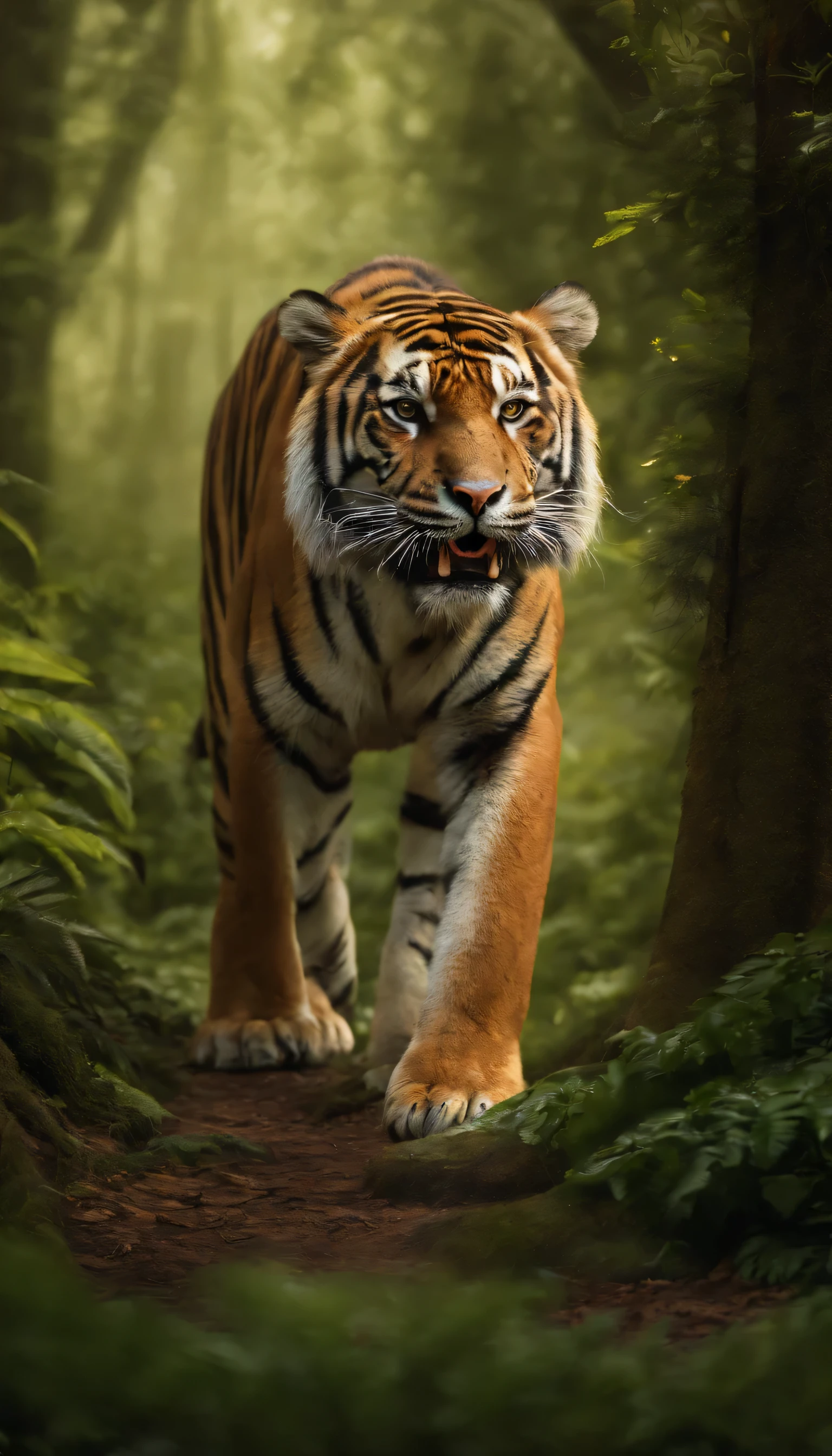A majestic tiger strides through a lush green forest in this digital artwork by Zahari Zograf, showcasing the sumatraism style. The piece presents a dynamic close-up view, creating beautiful art in stunning ultra-high-definition 4K. Perfect for use as an iPhone background or on any other mobile phone.