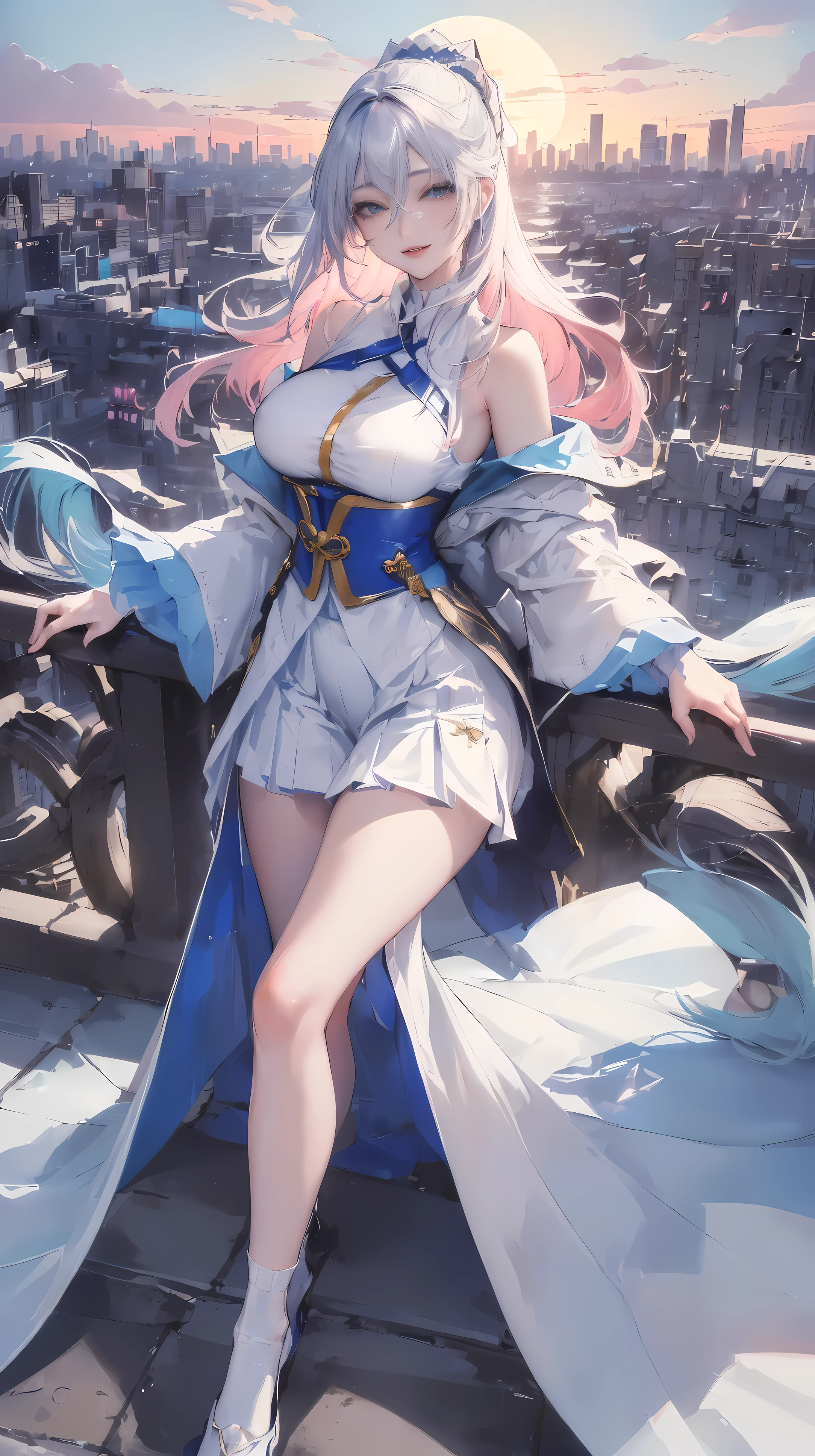 official art, masterpiece, sharp focus, (Beautiful gorgeous lovely Korean women:1.3), (beautiful and cute korean:1.3), Korean beauty, exquisite beautiful hair、eyes and face, actual, Super detailed, beautiful girl, blue sky, Luminous white particles, (side light:1.2), sunshine, Baiyun, Detailed cloud, thin and long, Lovely big breasts and big butt, smile with teeth, ((smile with eyes, open your eyes)), landscape, long, straight hair, sexy facial expression, architecture, (city View:1.7), dynamic hair, long, straight hair, Detailed platinum pink hair, Glowing blue eyes, (blue pleated shirt + white skirt), white stockings, pale skin, hair accessories, epic landscape,