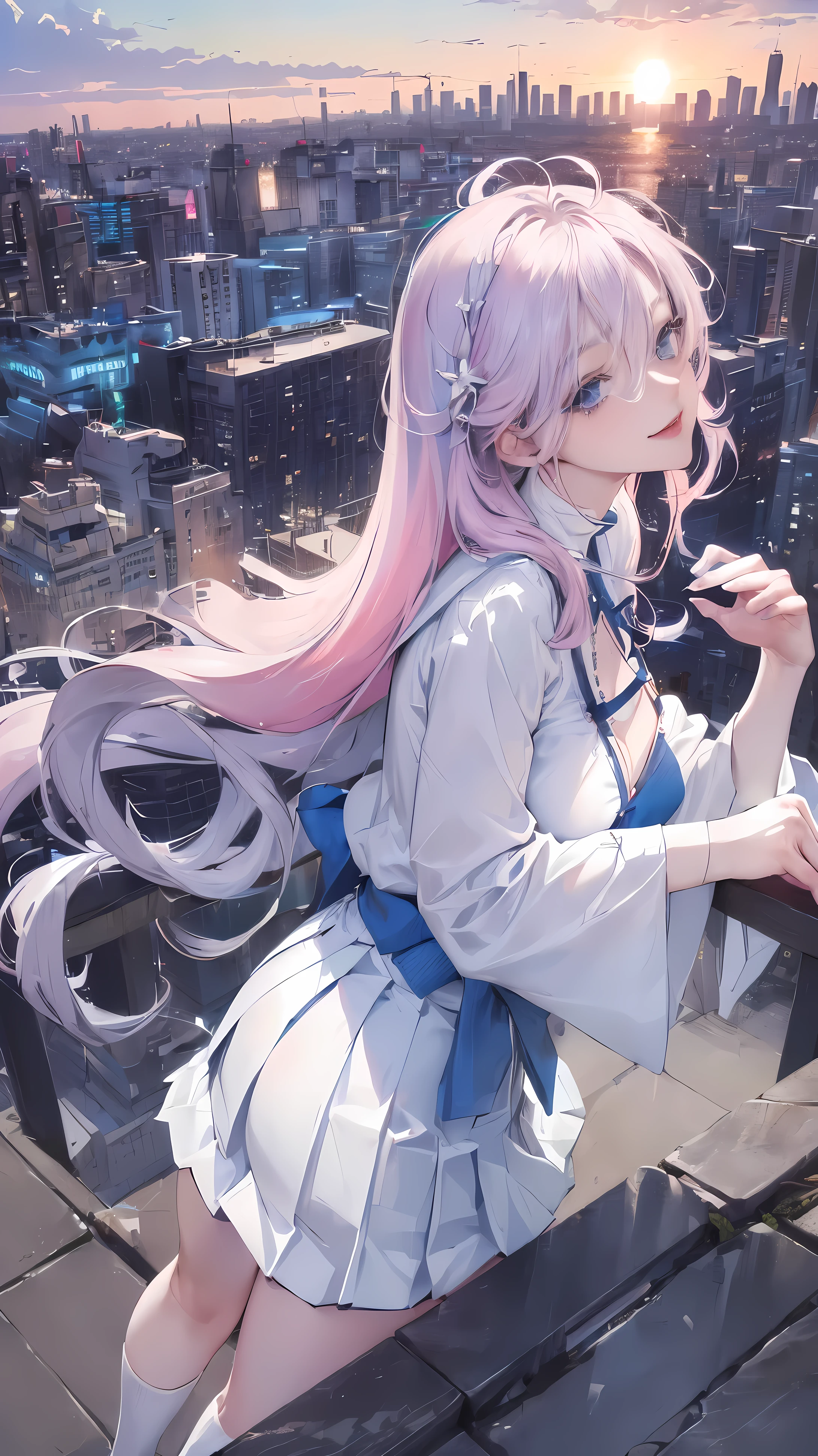 official art, masterpiece, sharp focus, (Beautiful gorgeous lovely Korean women:1.3), (beautiful and cute korean:1.3), Korean beauty, exquisite beautiful hair、eyes and face, actual, Super detailed, beautiful girl, blue sky, Luminous white particles, (side light:1.2), sunshine, Baiyun, Detailed cloud, thin and long, Lovely big breasts and big butt, smile with teeth, ((smile with eyes, open your eyes)), landscape, long, straight hair, sexy facial expression, architecture, (city View:1.7), dynamic hair, long, straight hair, Detailed platinum pink hair, Glowing blue eyes, (blue pleated shirt + white skirt), white stockings, pale skin, hair accessories, epic landscape,