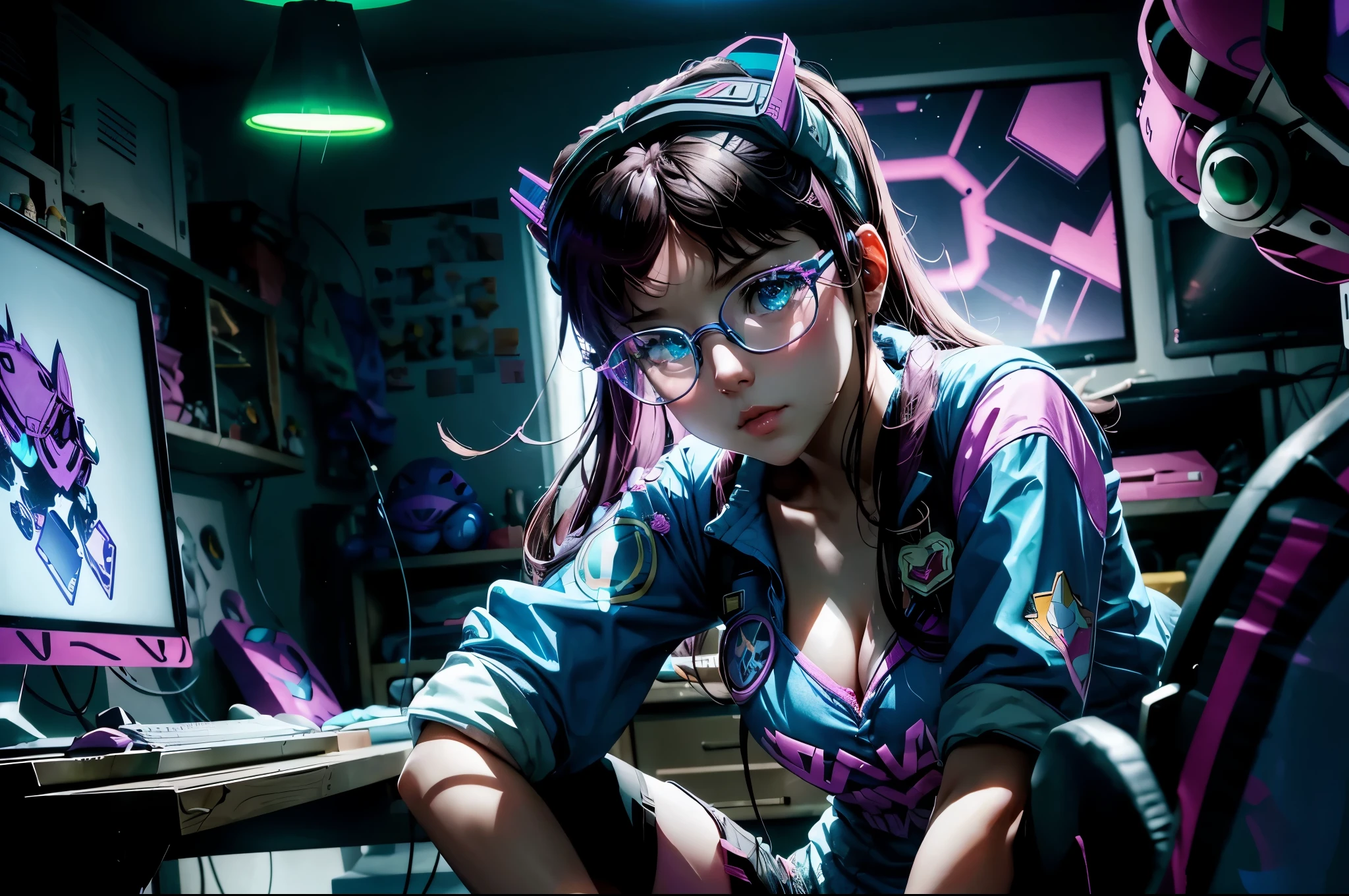 best quality,4k,8k,highres,masterpiece:1.2,ultra-detailed,realistic,photorealistic:1.37, portrait, solo, 1girl, glasses, sitting, playing video game, messy room, dark room, hikikomori, monitor