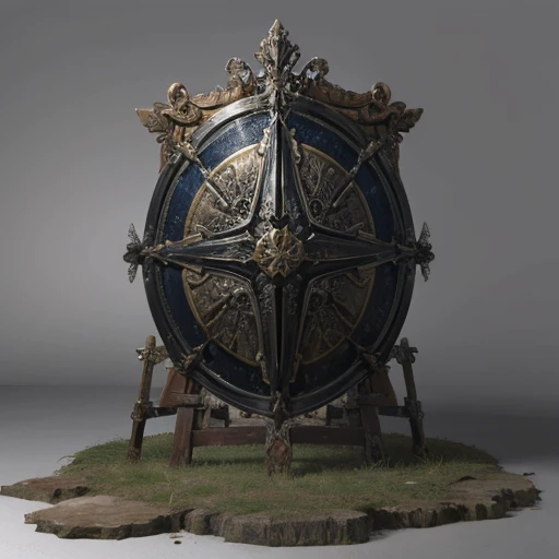 stilllife front view, metallic huge battle shield in centre, symmetric composition, ancient old damaged shield with covered decor, front view frontal view, wood and metal, super detailed, high resolution, ultra detalisation. masterpiece, ancient weapon steel swords around, pile of weapons steel swords weapon,