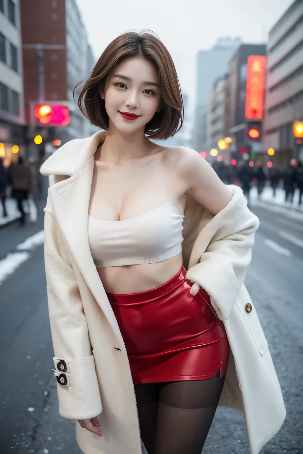 Best quality, 4k, 8k, detailed face, clear face, pretty girl, Korean makeup, red lips, smile, perfect body, shoulder length straight short hair, huge breasts, thighs, slim, skinny, girl wearing long and A wide coat with tops and pantyhose underneath, lower abdomen, snow scene, winter, street,