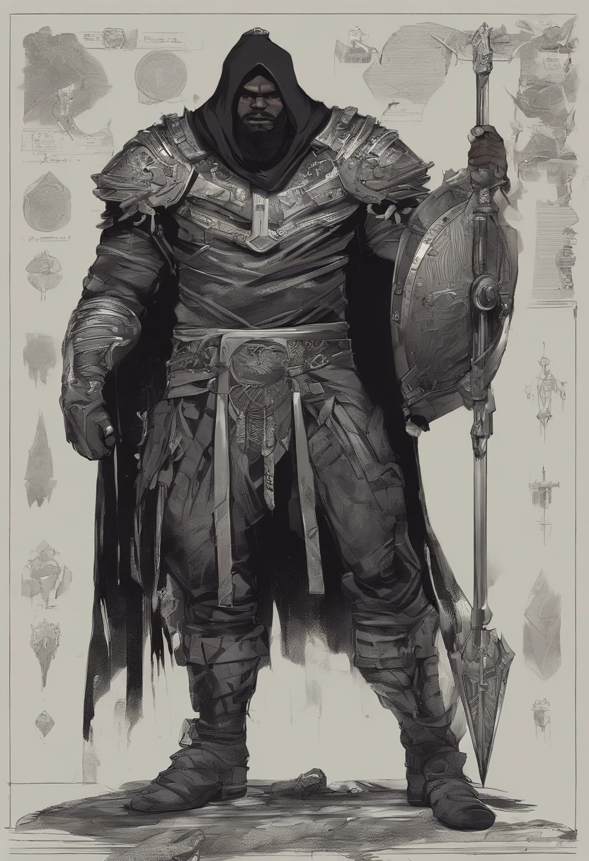 Um homem negro, gordo ((1,75cm_123kg)), usando roupas de guerreiros africanos antigos , carrying a shield in his left arm and a spear in his right arm, com poderes da terra e tendo um stand ((Jojo)) das sobras chamado "castle of Glass" , usando cabelo dread ((corpo_todo))