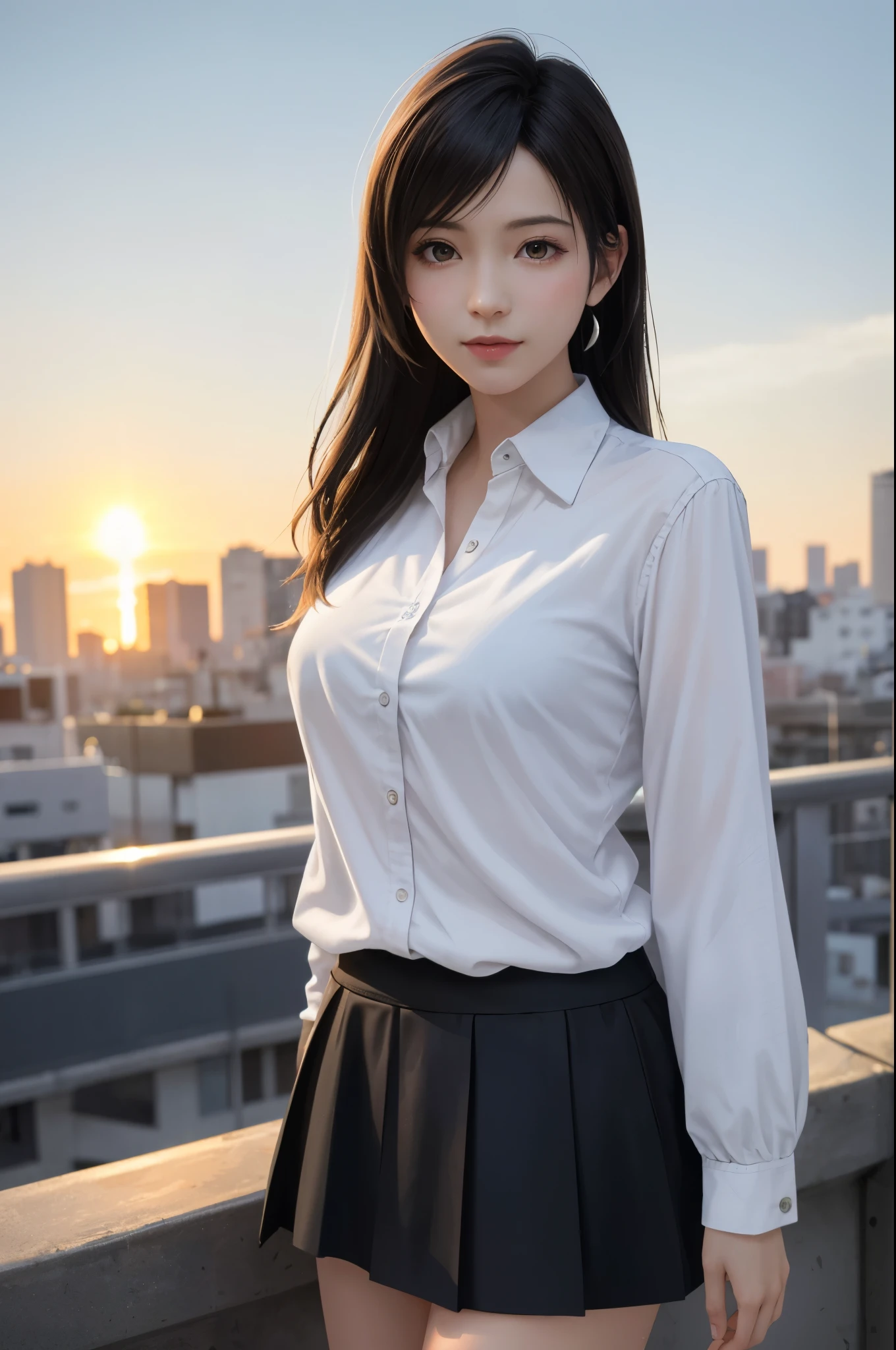 (Top Quality, Masterpiece: 1.1), (Realistic: 1.3),(photoRealistic: 1.3), BREAK (((FF7,Tifa_lockhart))),Ultra-detailed face, Detailed eyes,(black Brown Hair, Large breasts: 1.2),(tokyo,background is Unique The City,at Sunrise), BREAK winter,(tifa wearing high :1.3, pleated skirt, button-down shirt,long sleeve),clothed,winter, about 18 years old, BREAK ,smile,kawaii,(cool pose:1.2),ultra high res,ultra high quality